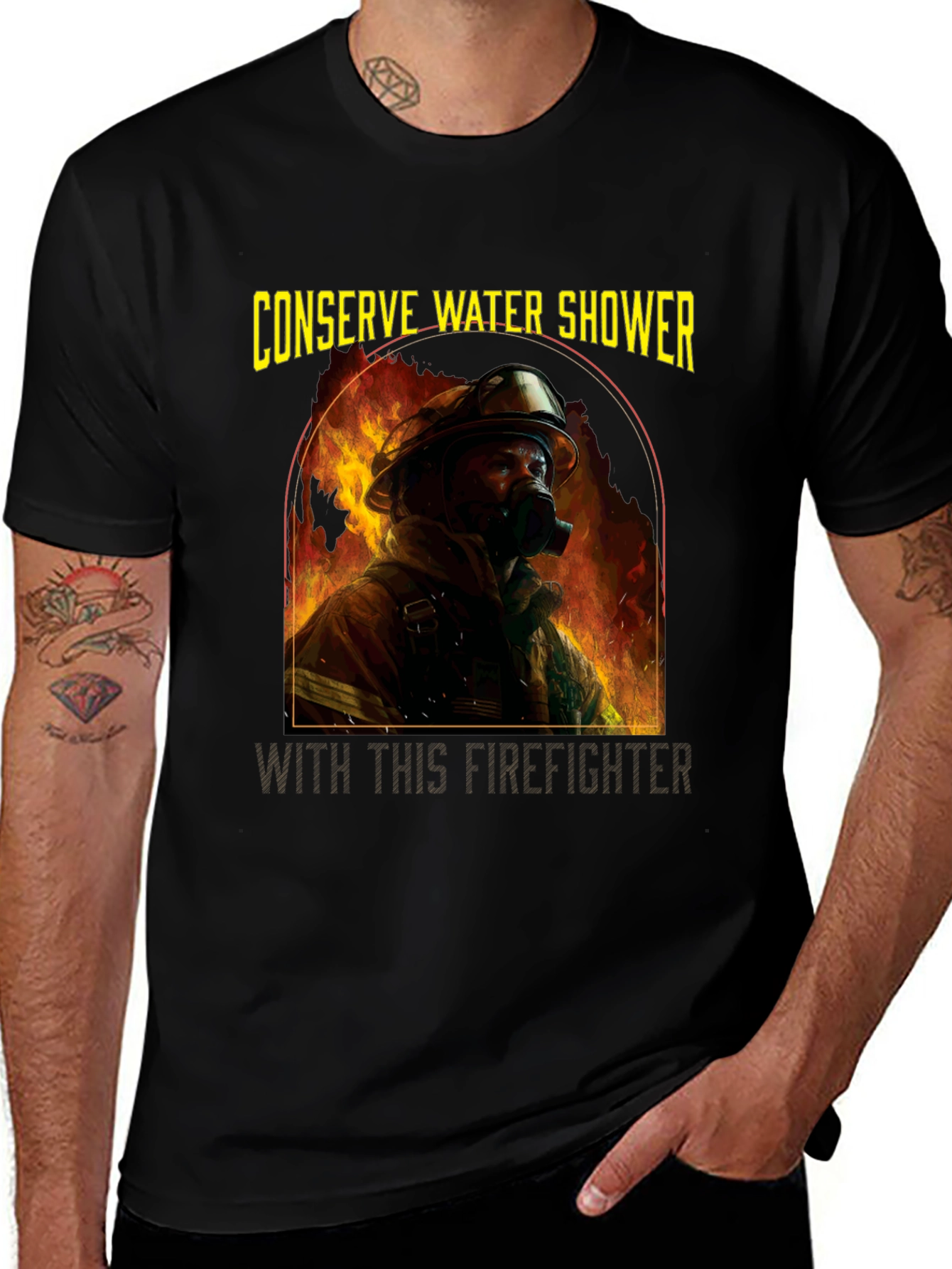 Conserve Water Shower with Firefighter T-Shirt