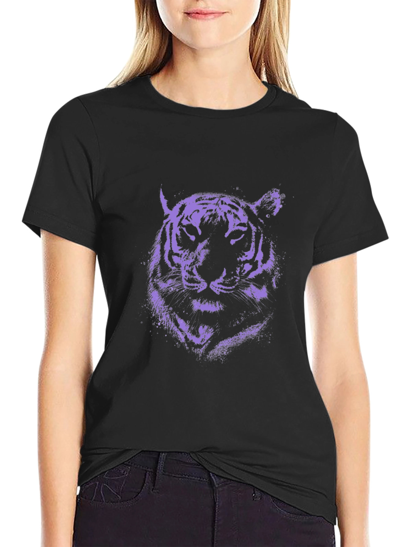 Purple Tiger Graphic Print Black T-Shirt