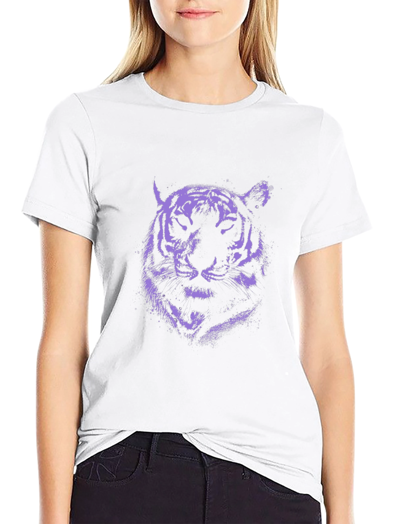 Purple Tiger Graphic Print Black T-Shirt