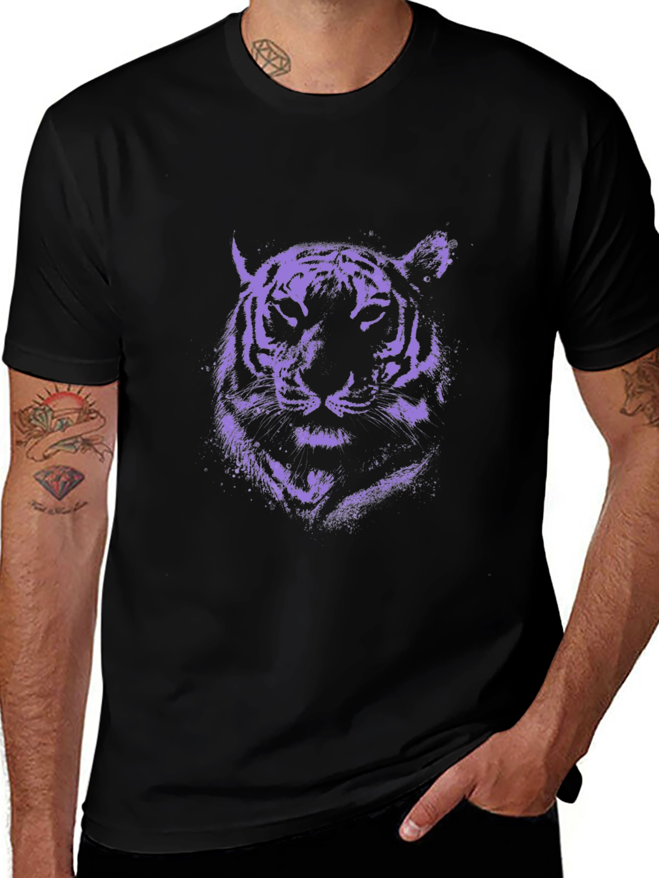 Purple Tiger Graphic Print Black T-Shirt