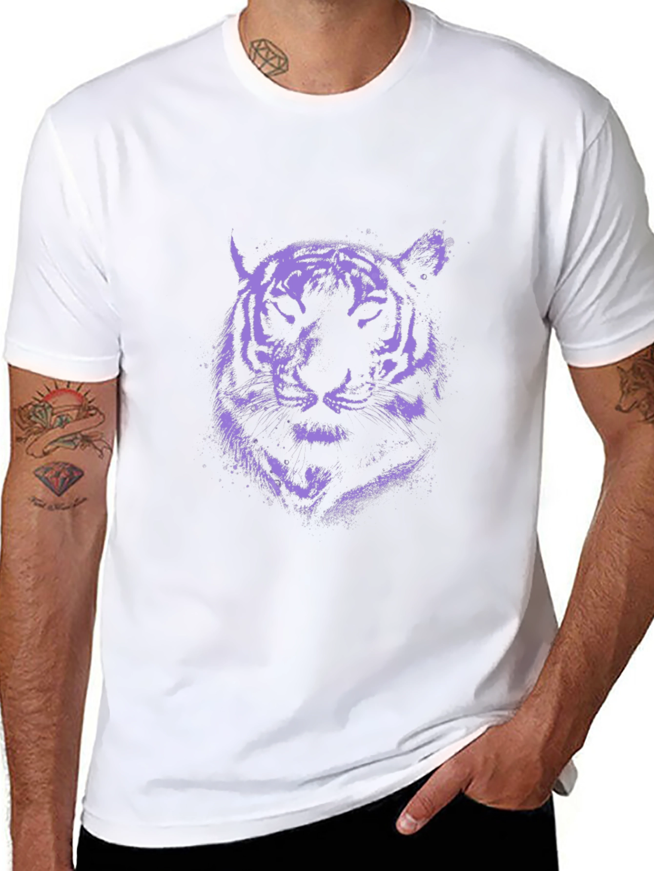 Purple Tiger Graphic Print Black T-Shirt
