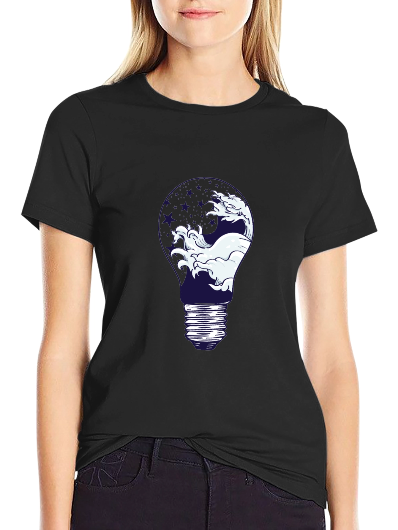 Wave Lightbulb Graphic Tee - Black Cotton