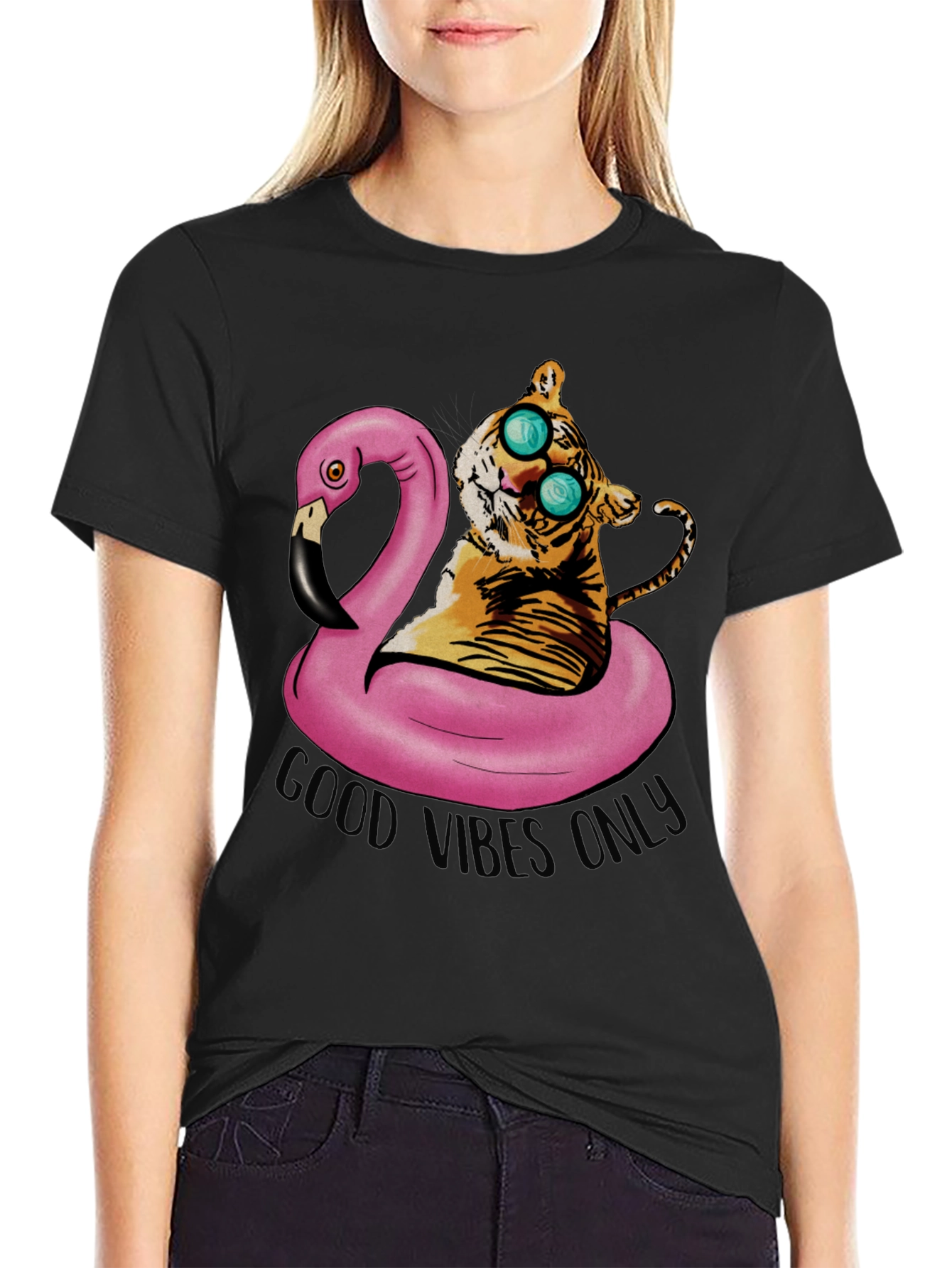 Tiger on Flamingo Float T-Shirt - Good Vibes Only