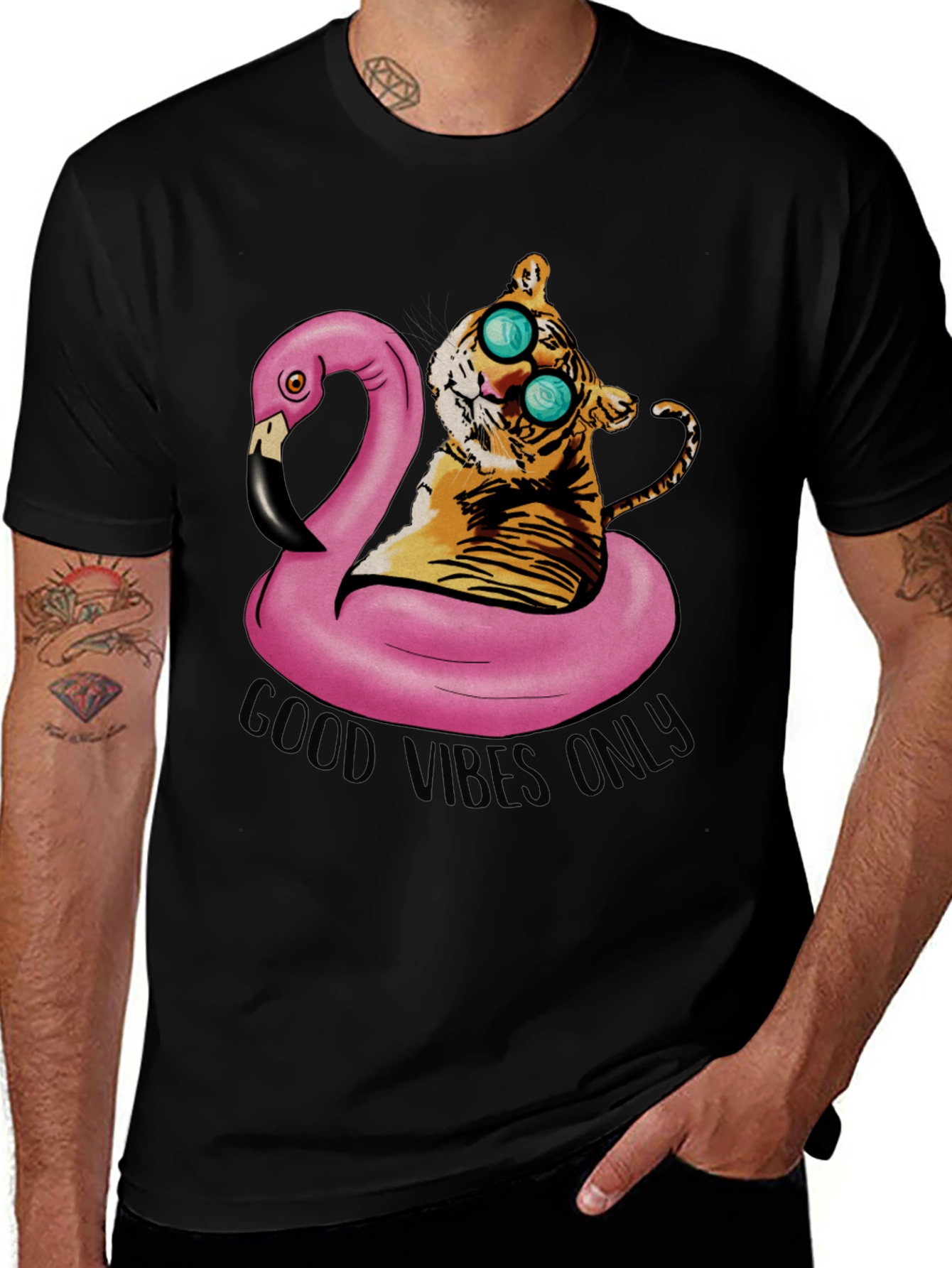 Tiger on Flamingo Float T-Shirt - Good Vibes Only