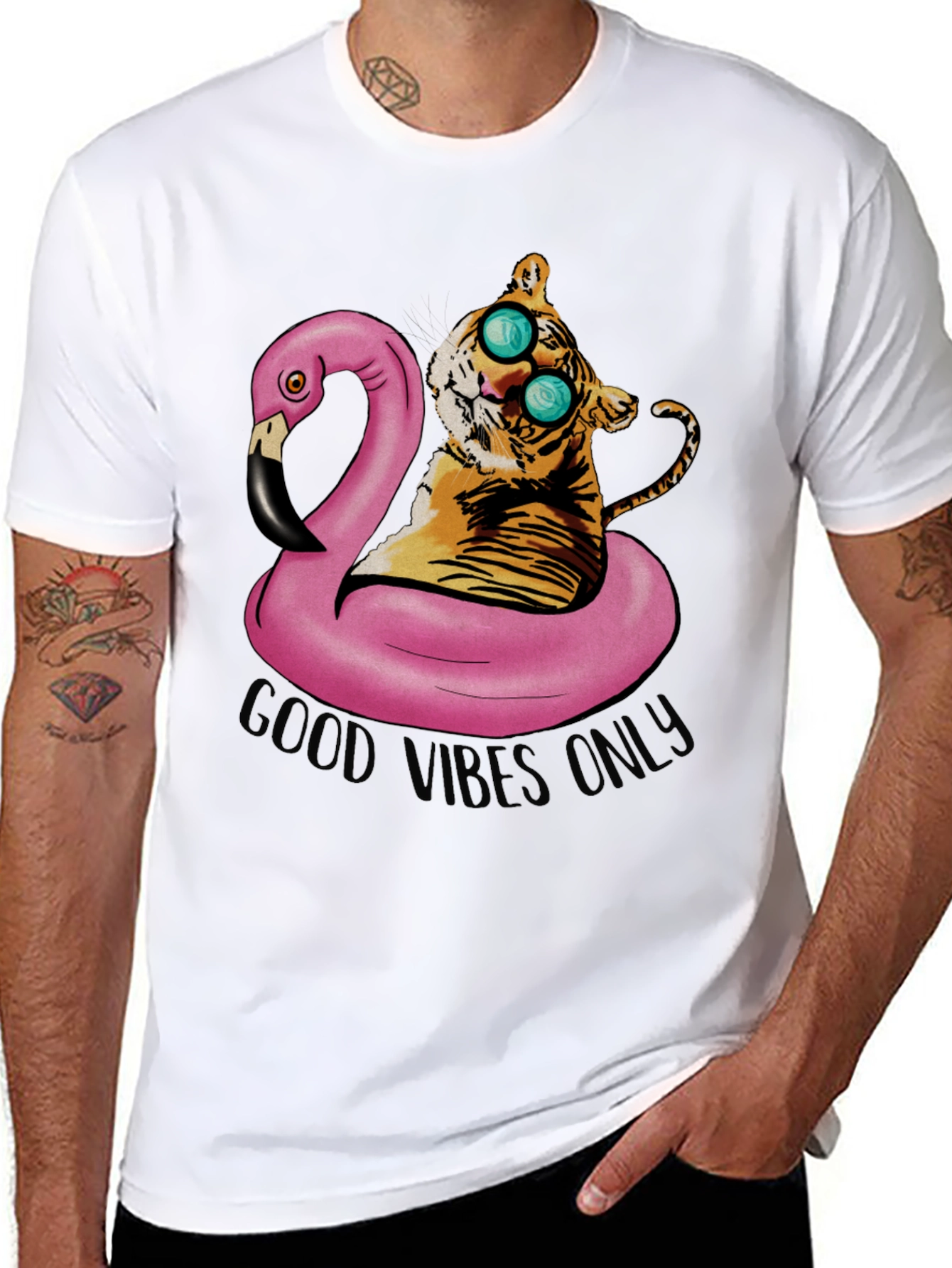 Tiger on Flamingo Float T-Shirt - Good Vibes Only