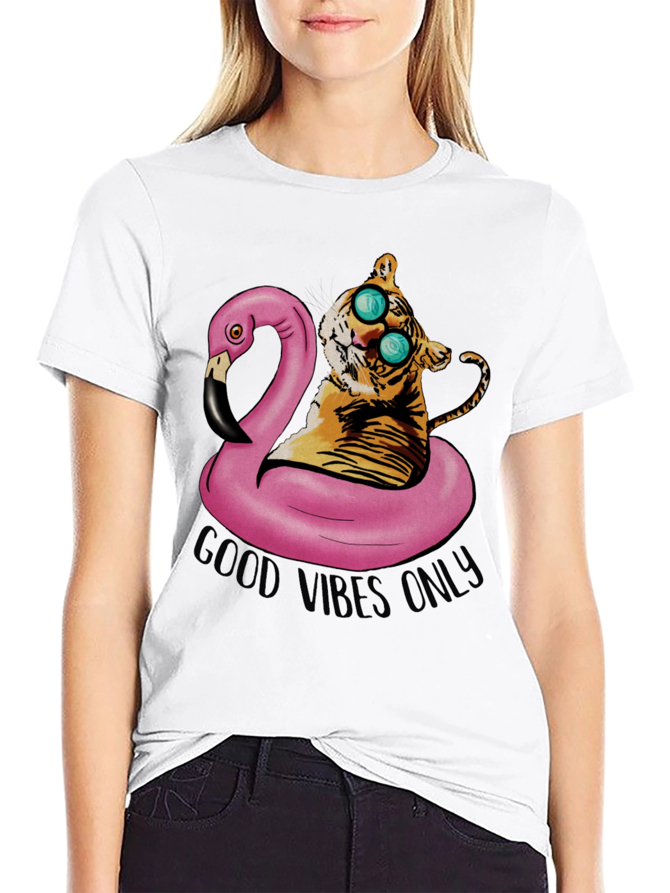 Tiger on Flamingo Float T-Shirt - Good Vibes Only