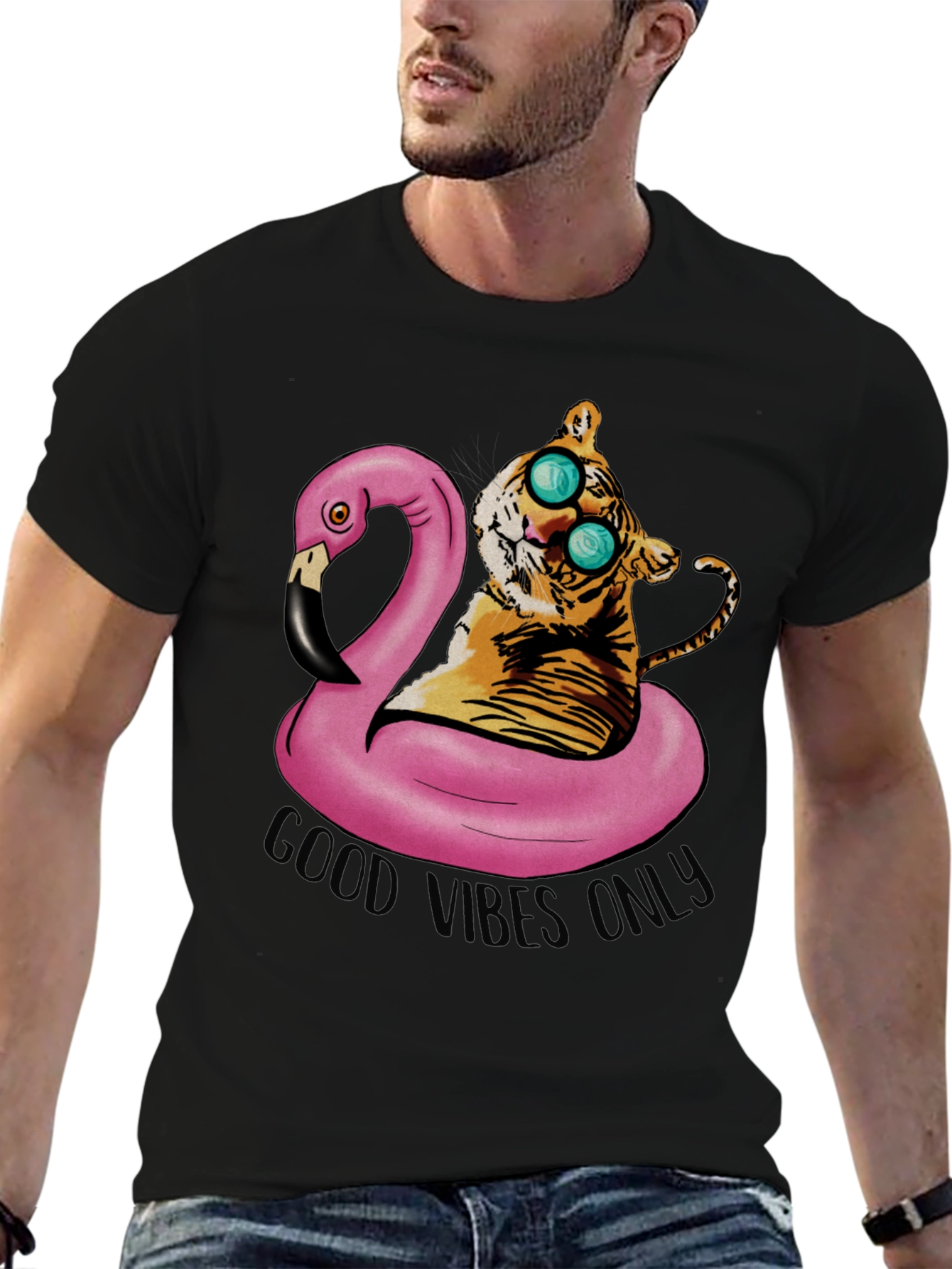 Tiger on Flamingo Float T-Shirt - Good Vibes Only