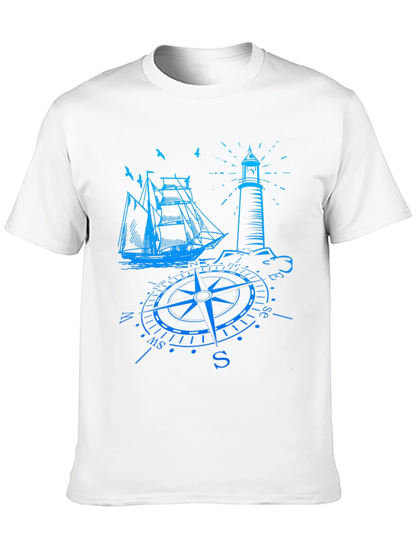 Nautical Compass Ship & Lighthouse Graphic T-Shirt