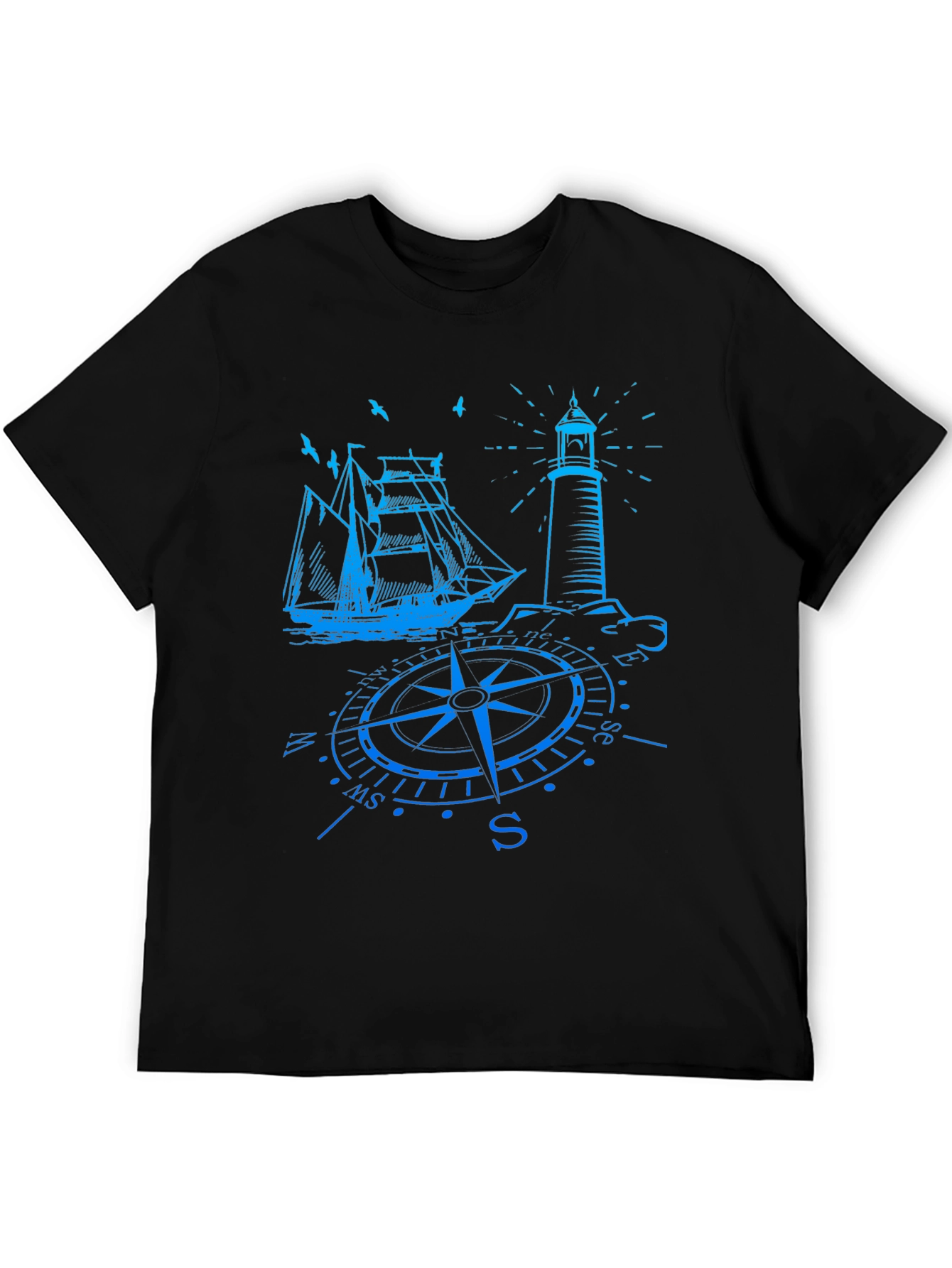 Nautical Compass Ship & Lighthouse Graphic T-Shirt