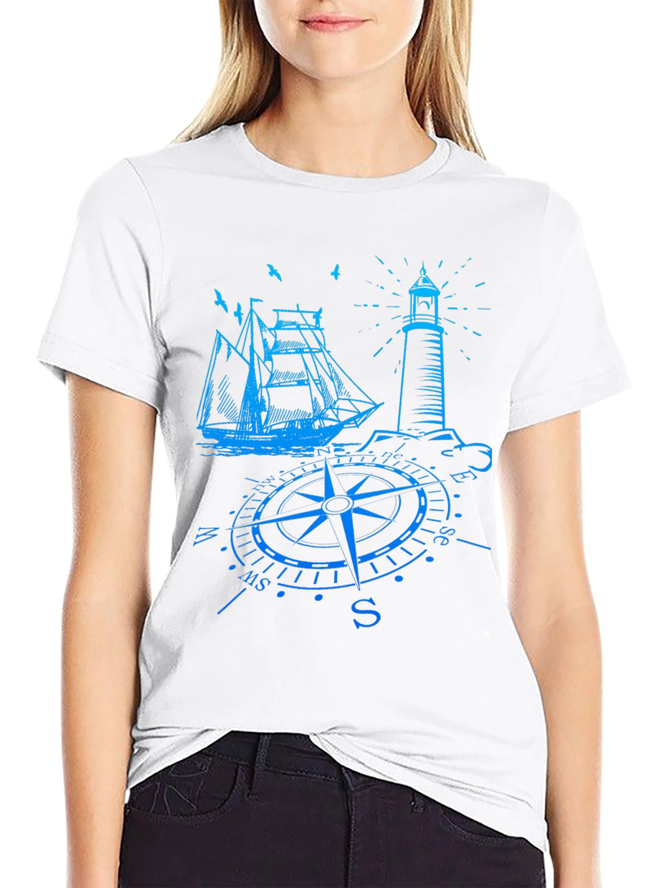 Nautical Compass Ship & Lighthouse Graphic T-Shirt
