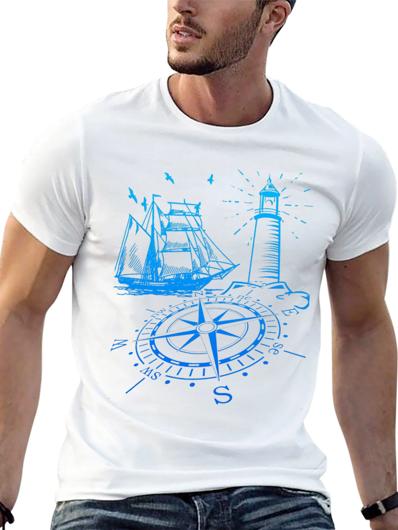 Nautical Compass Ship & Lighthouse Graphic T-Shirt
