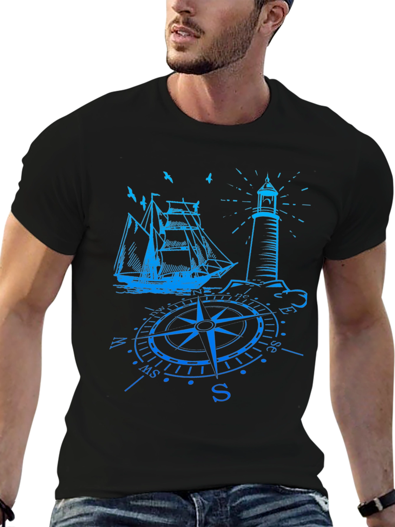 Nautical Compass Ship & Lighthouse Graphic T-Shirt