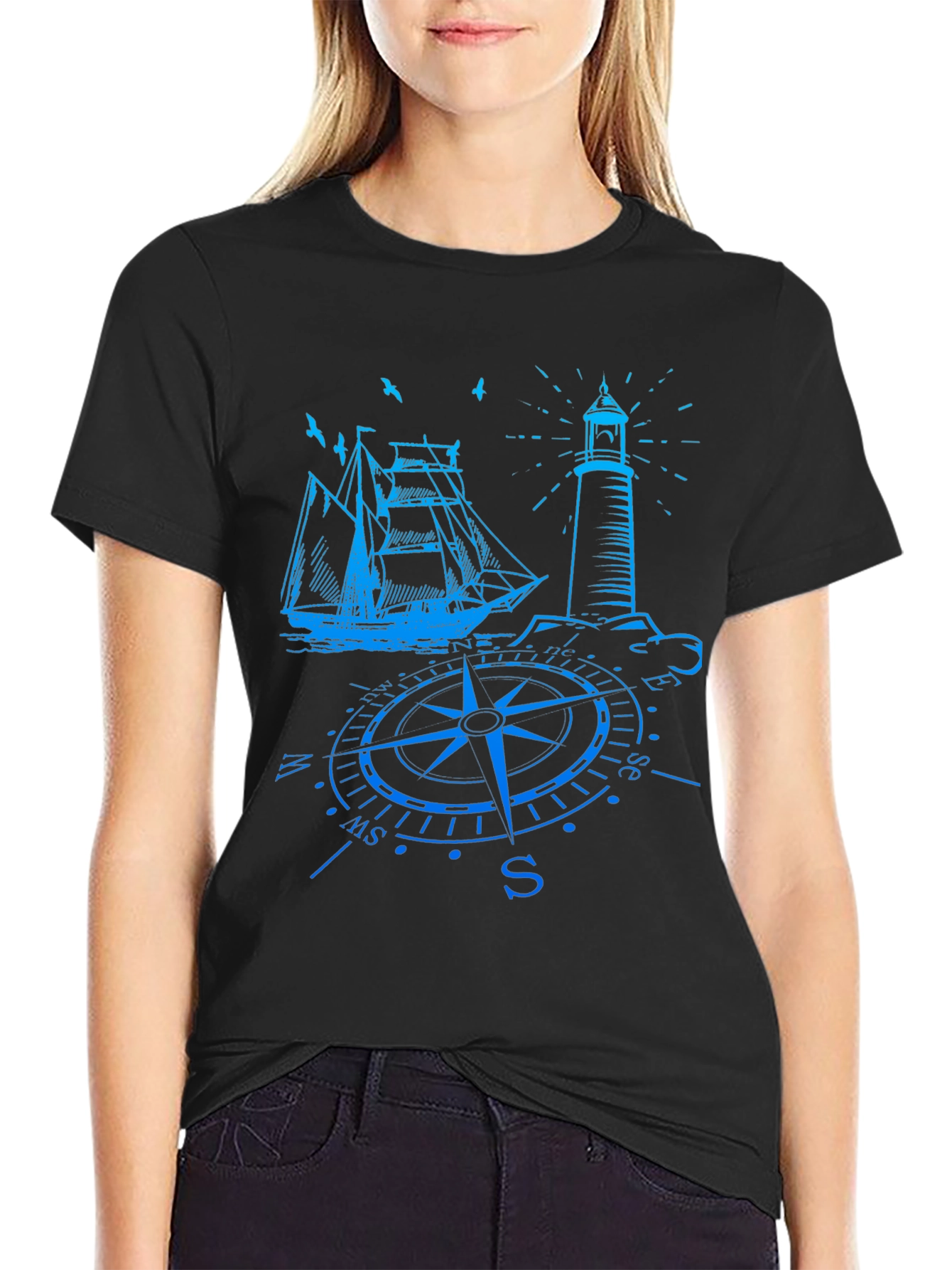 Nautical Compass Ship & Lighthouse Graphic T-Shirt