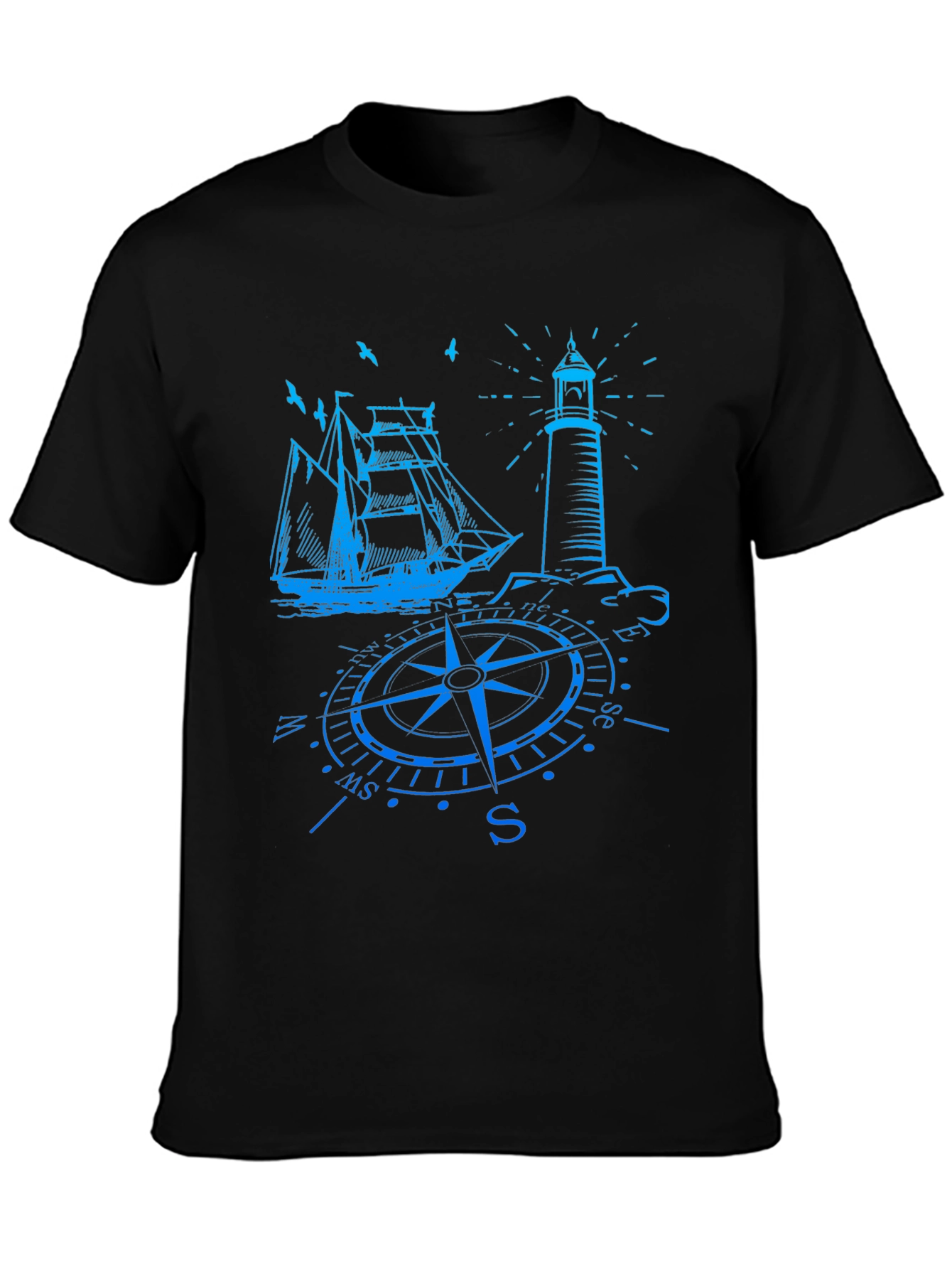Nautical Compass Ship & Lighthouse Graphic T-Shirt