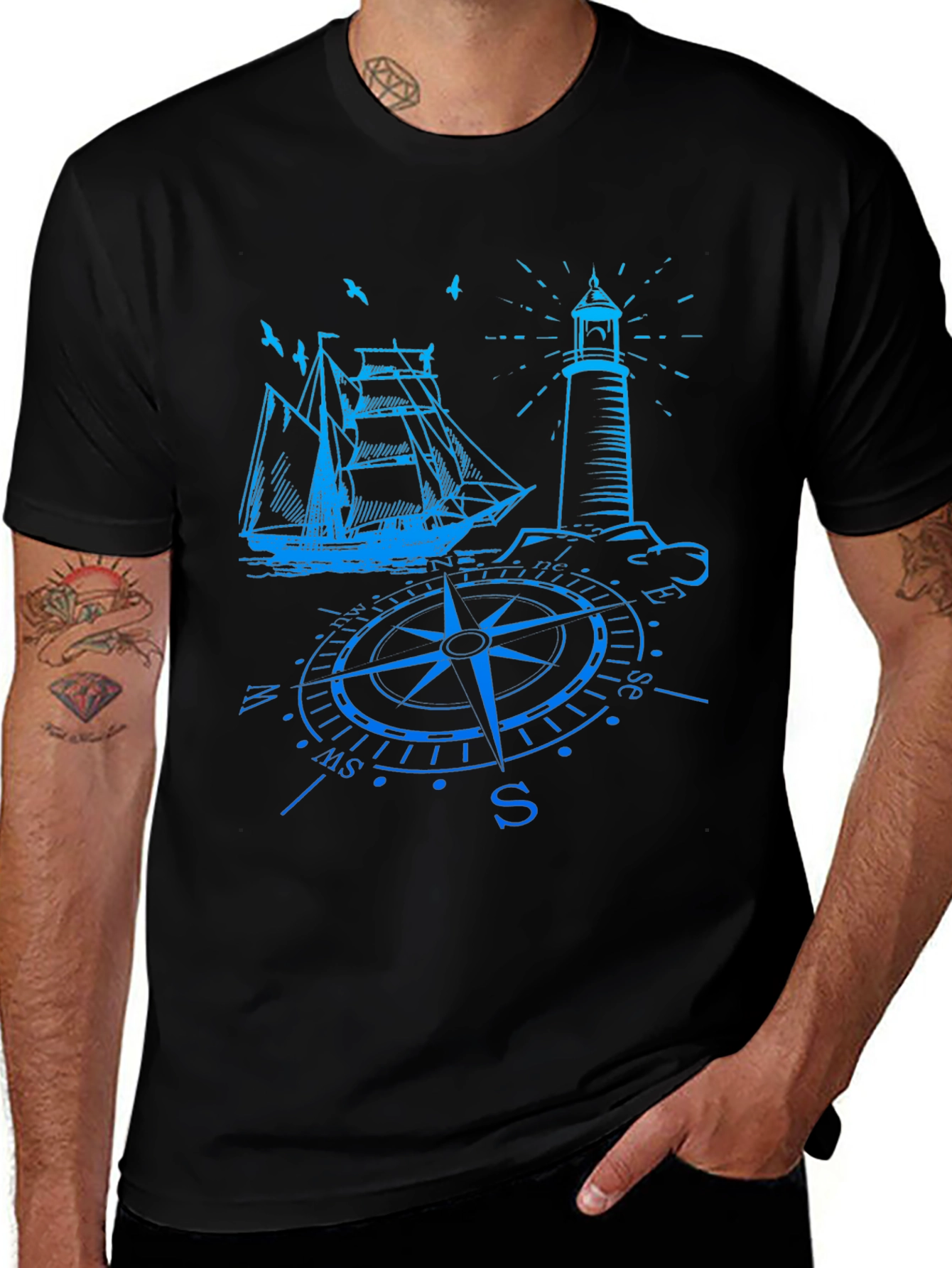 Nautical Compass Ship & Lighthouse Graphic T-Shirt