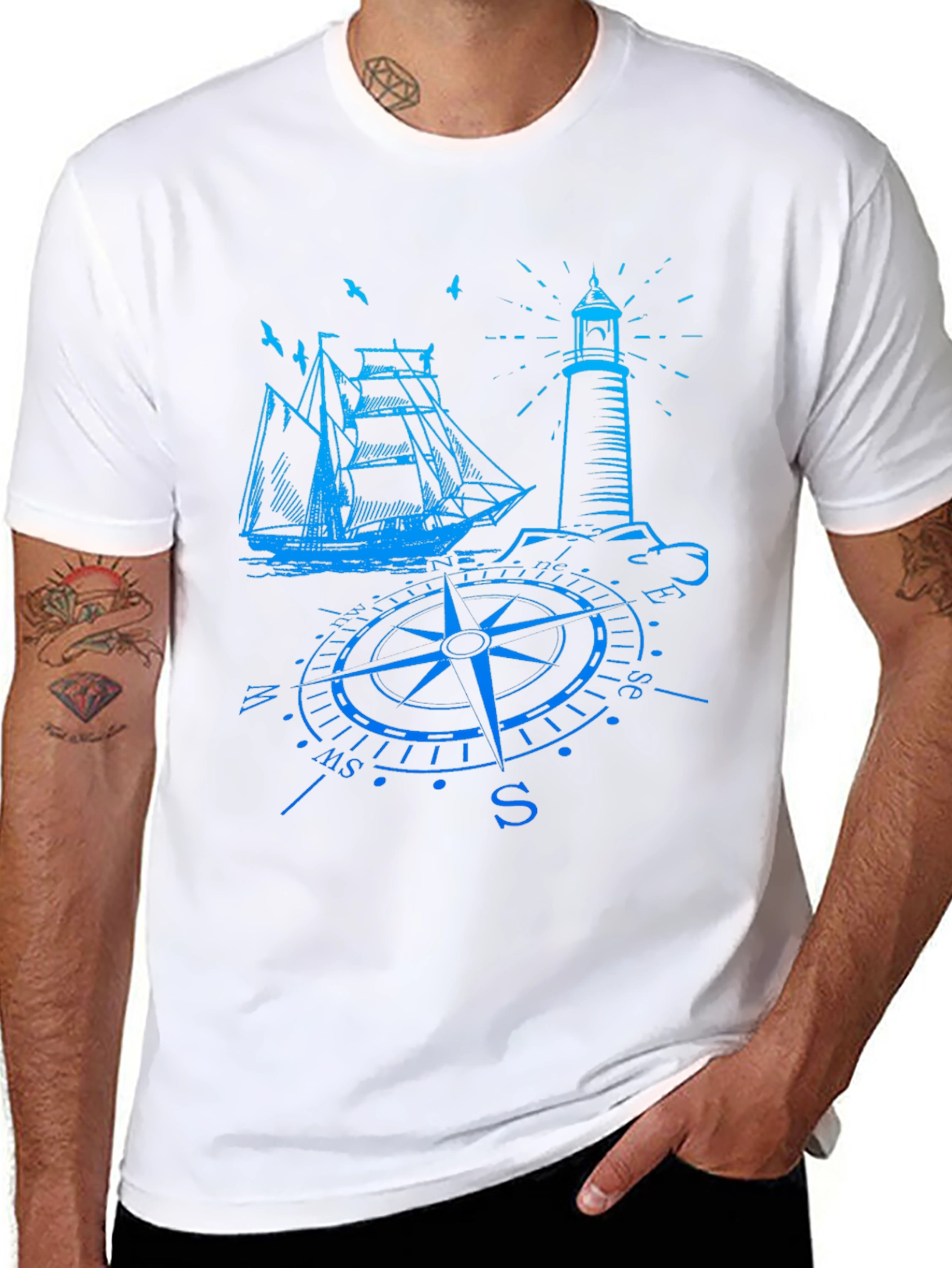 Nautical Compass Ship & Lighthouse Graphic T-Shirt