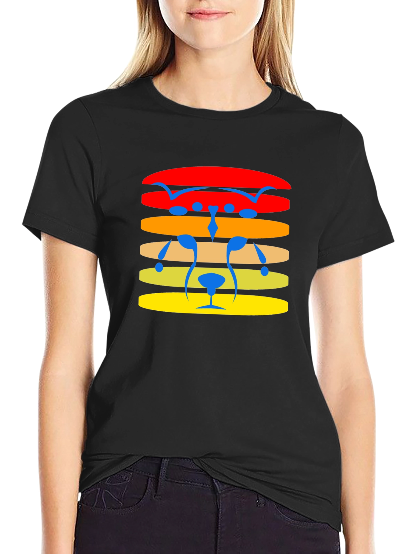 Retro Striped Bear Face Graphic Tee - Black