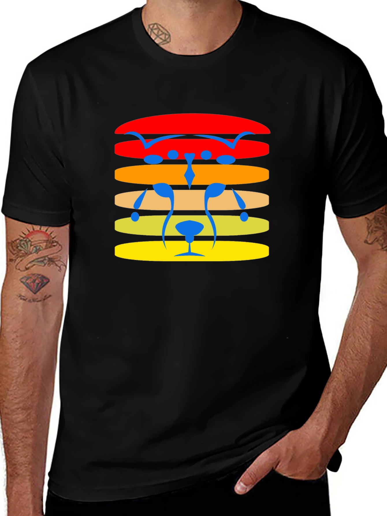 Retro Striped Bear Face Graphic Tee - Black