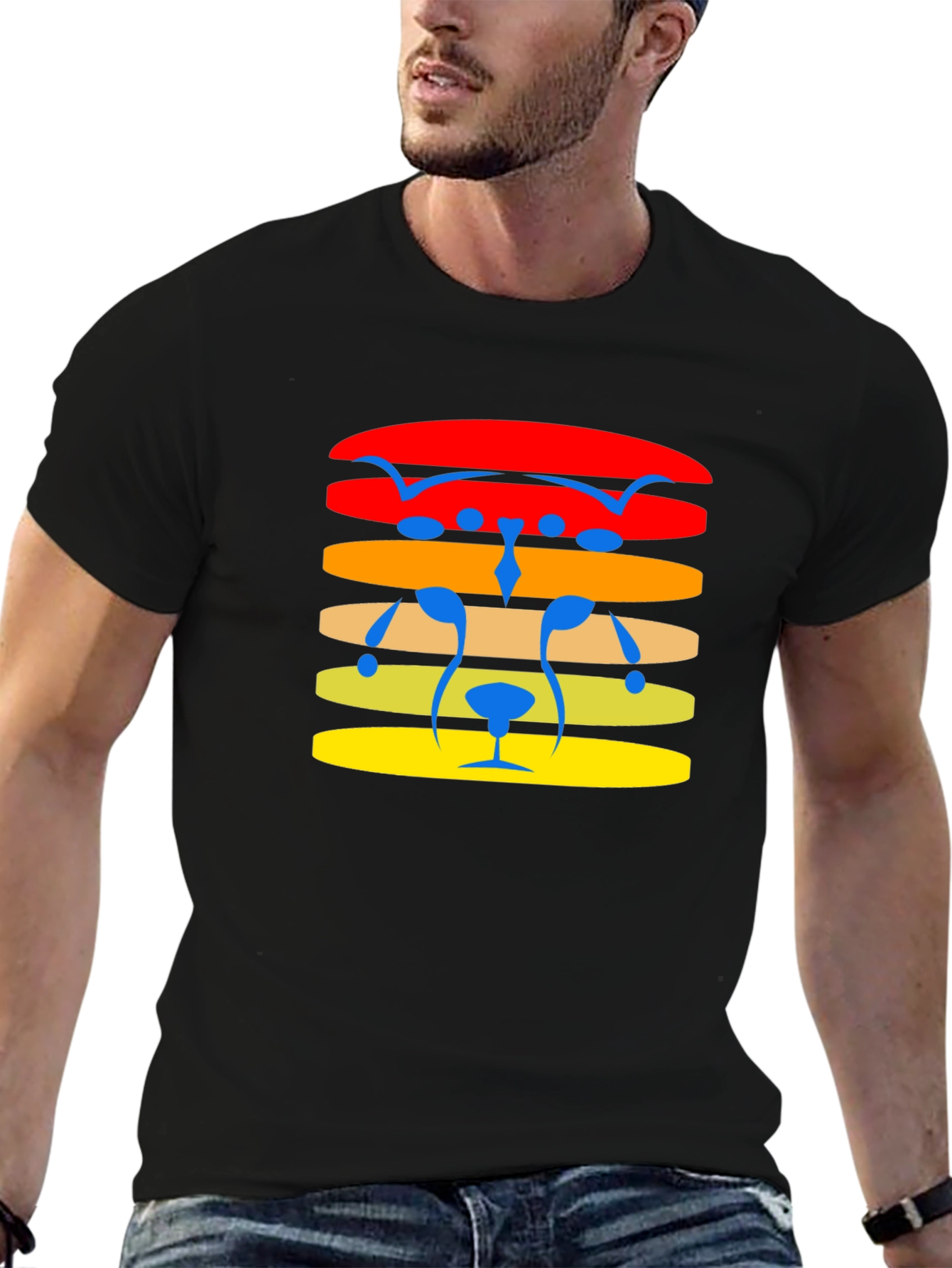 Retro Striped Bear Face Graphic Tee - Black