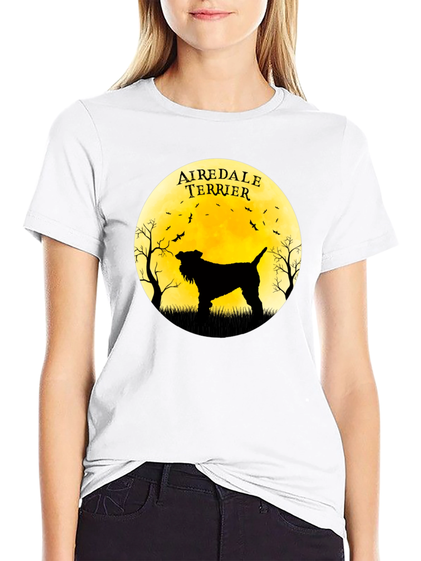 Airedale Terrier Silhouette Moon Graphic T-Shirt