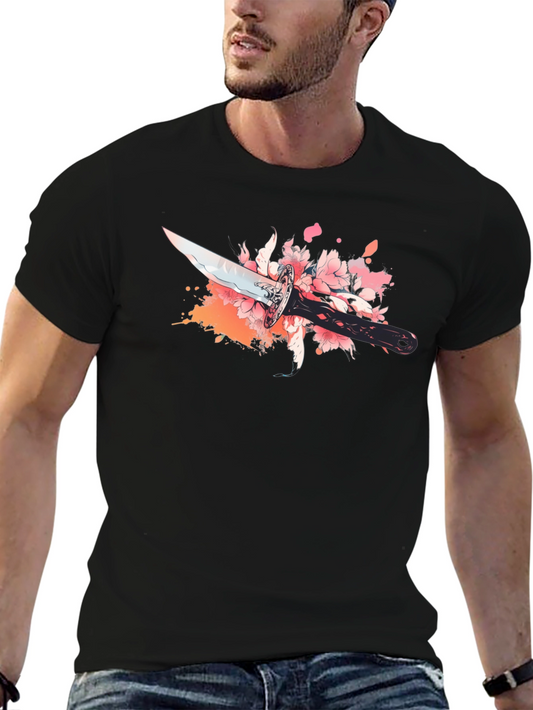 Black T-Shirt with Sword and Cherry Blossom Design