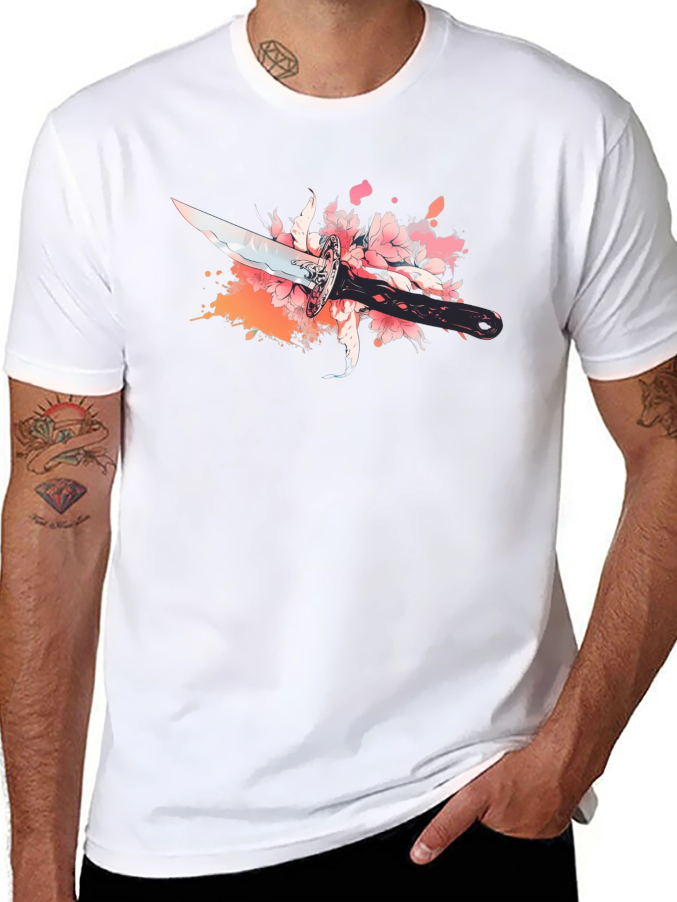 Black T-Shirt with Sword and Cherry Blossom Design