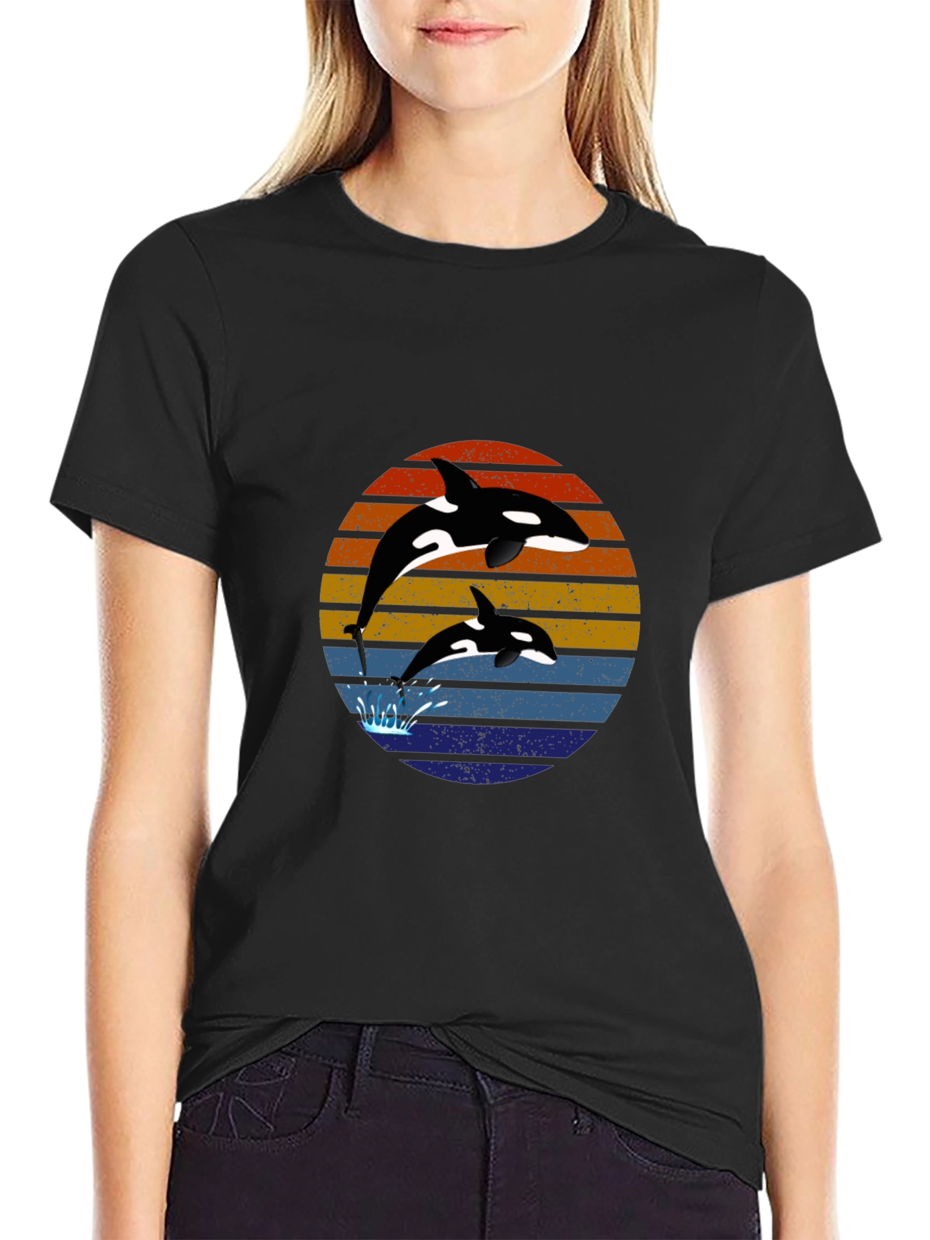 Orca Sunset Graphic Tee - Black Cotton T-Shirt