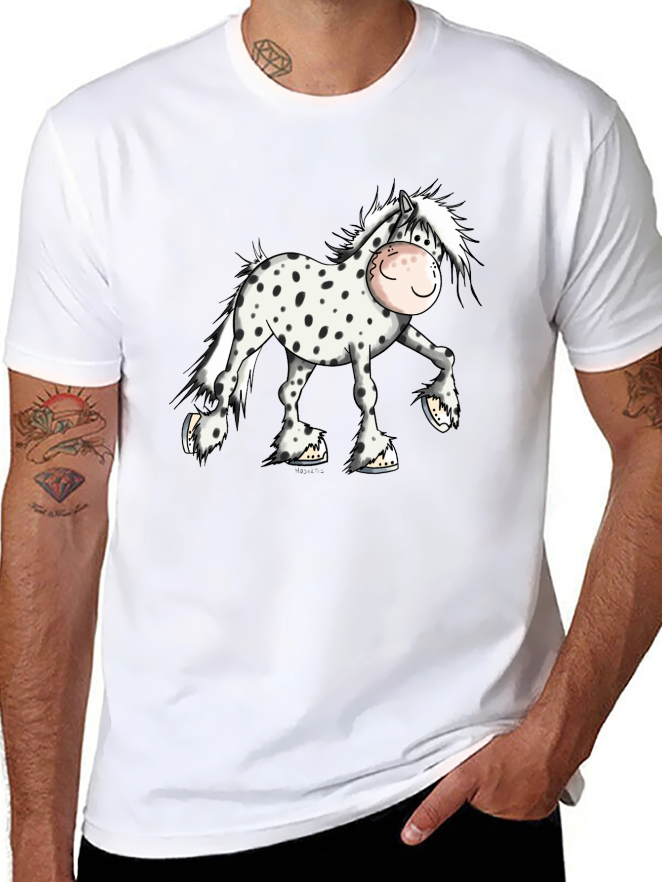 Cartoon Horse Graphic Tee - Black Cotton T-Shirt