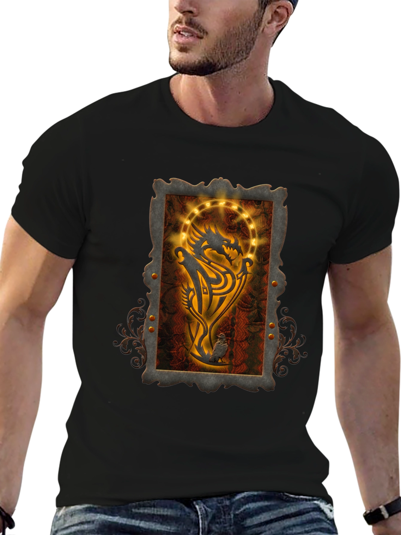 Dragon Emblem Graphic Print Black T-Shirt