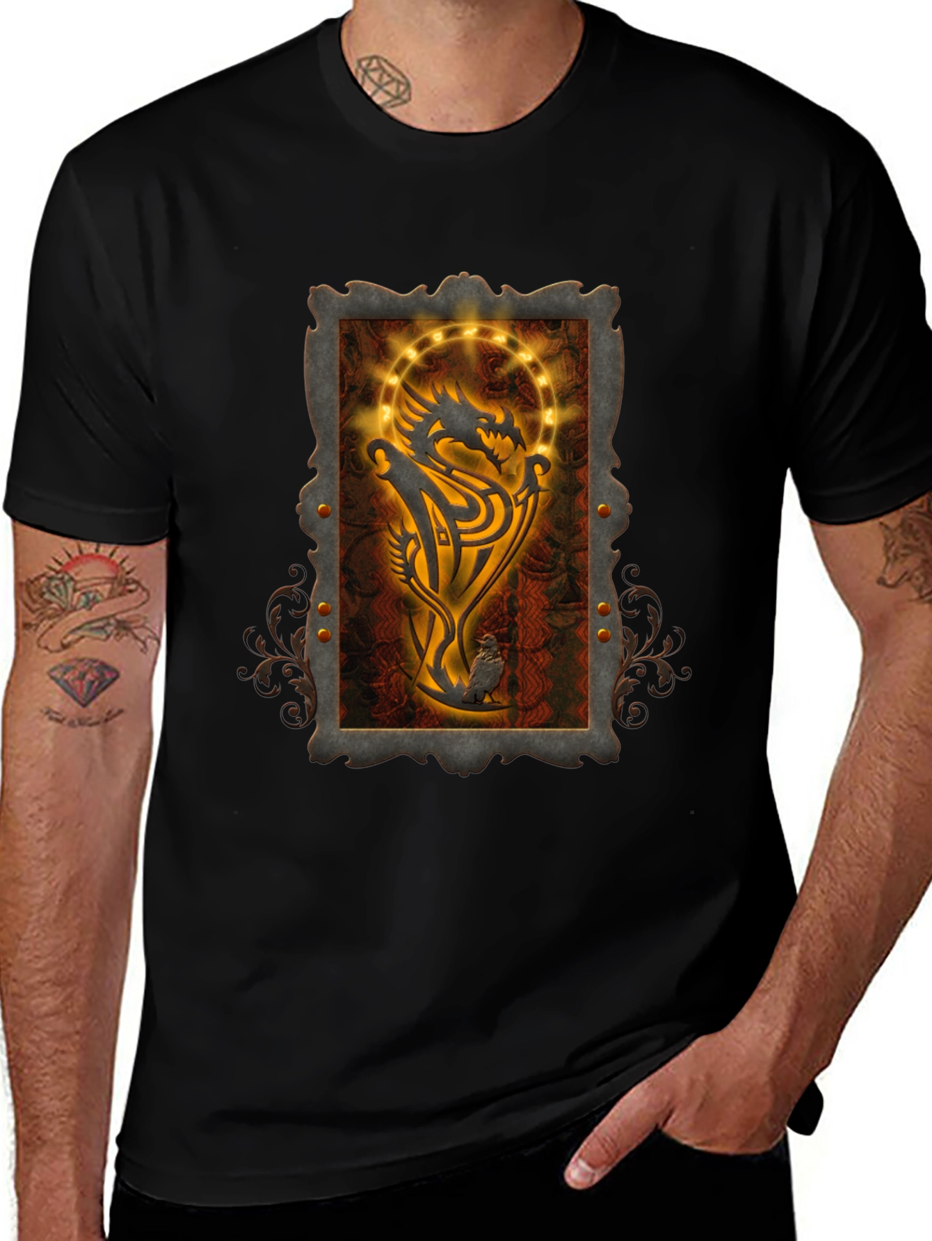Dragon Emblem Graphic Print Black T-Shirt