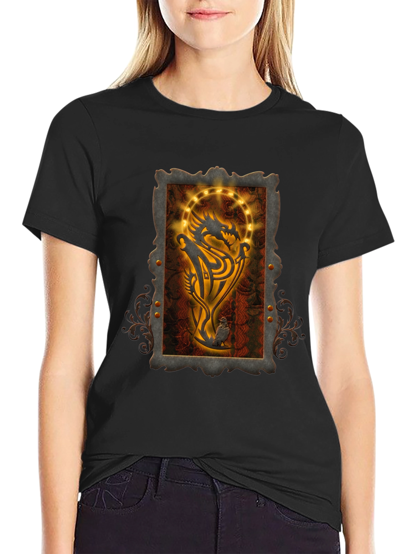 Dragon Emblem Graphic Print Black T-Shirt