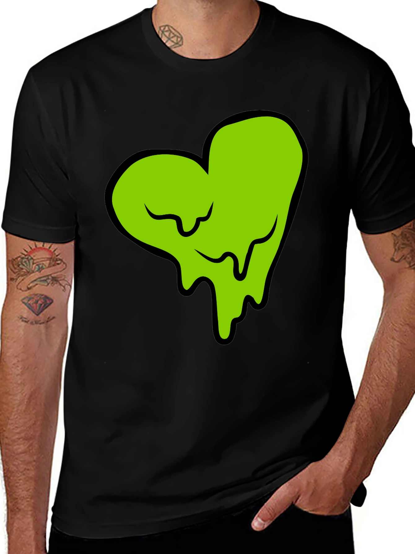 Green Slime Heart Graphic Black T-Shirt