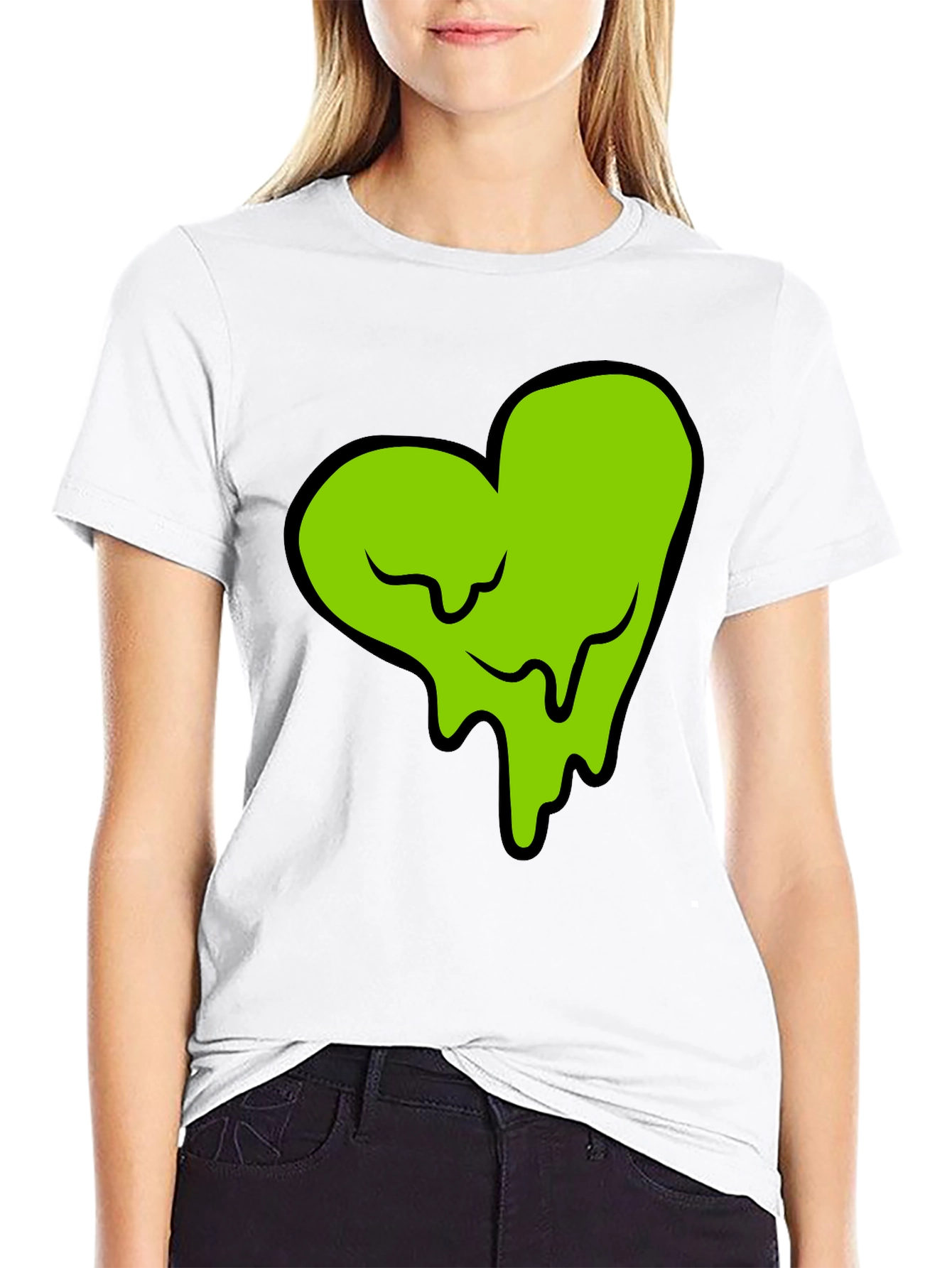 Green Slime Heart Graphic Black T-Shirt