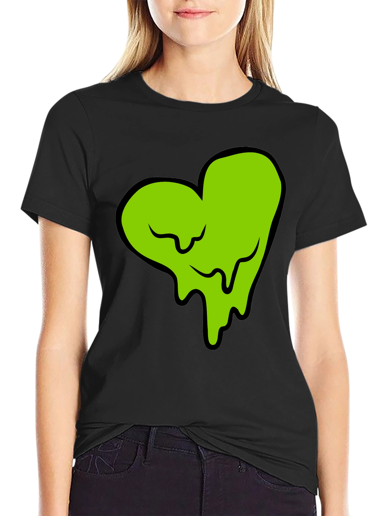 Green Slime Heart Graphic Black T-Shirt