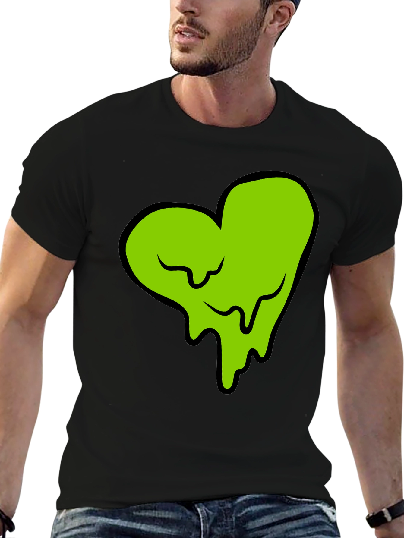 Green Slime Heart Graphic Black T-Shirt
