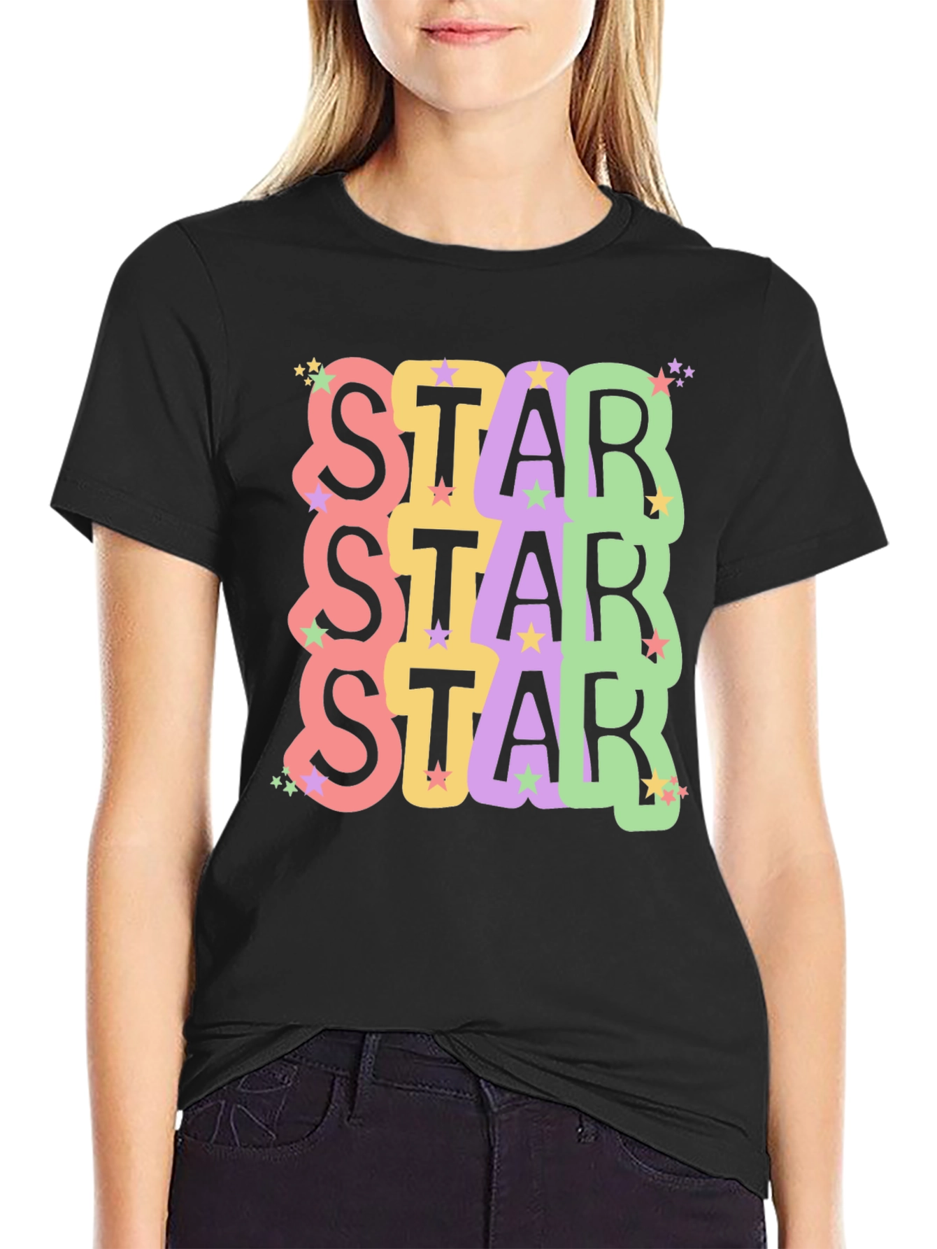 Star Stack Graphic Tee - Trendy Unisex Black T-Shirt