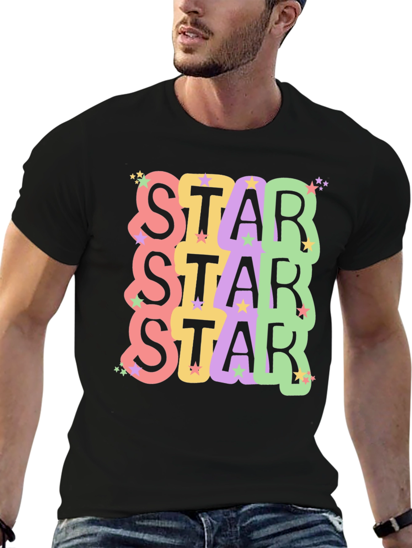 Star Stack Graphic Tee - Trendy Unisex Black T-Shirt