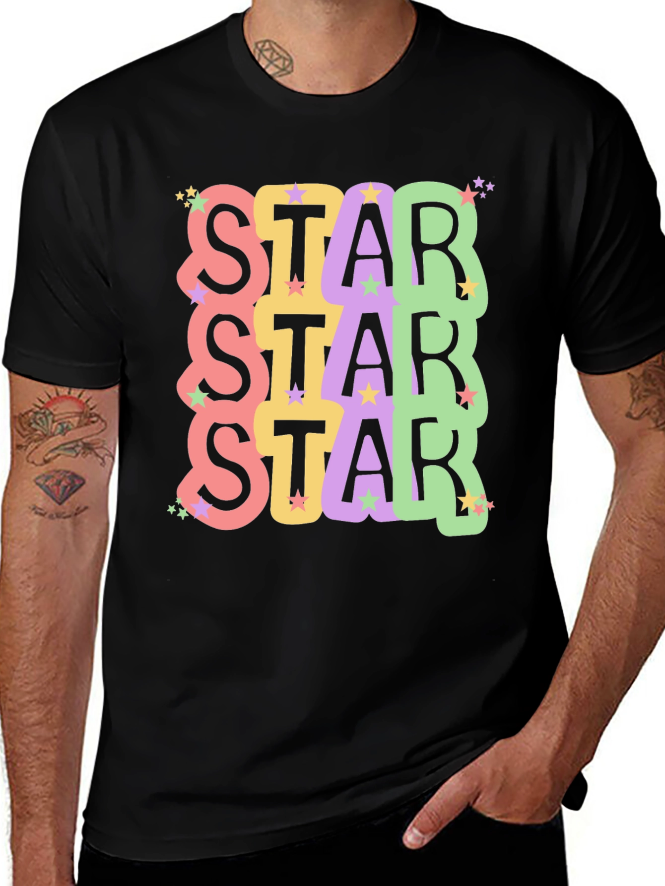 Star Stack Graphic Tee - Trendy Unisex Black T-Shirt