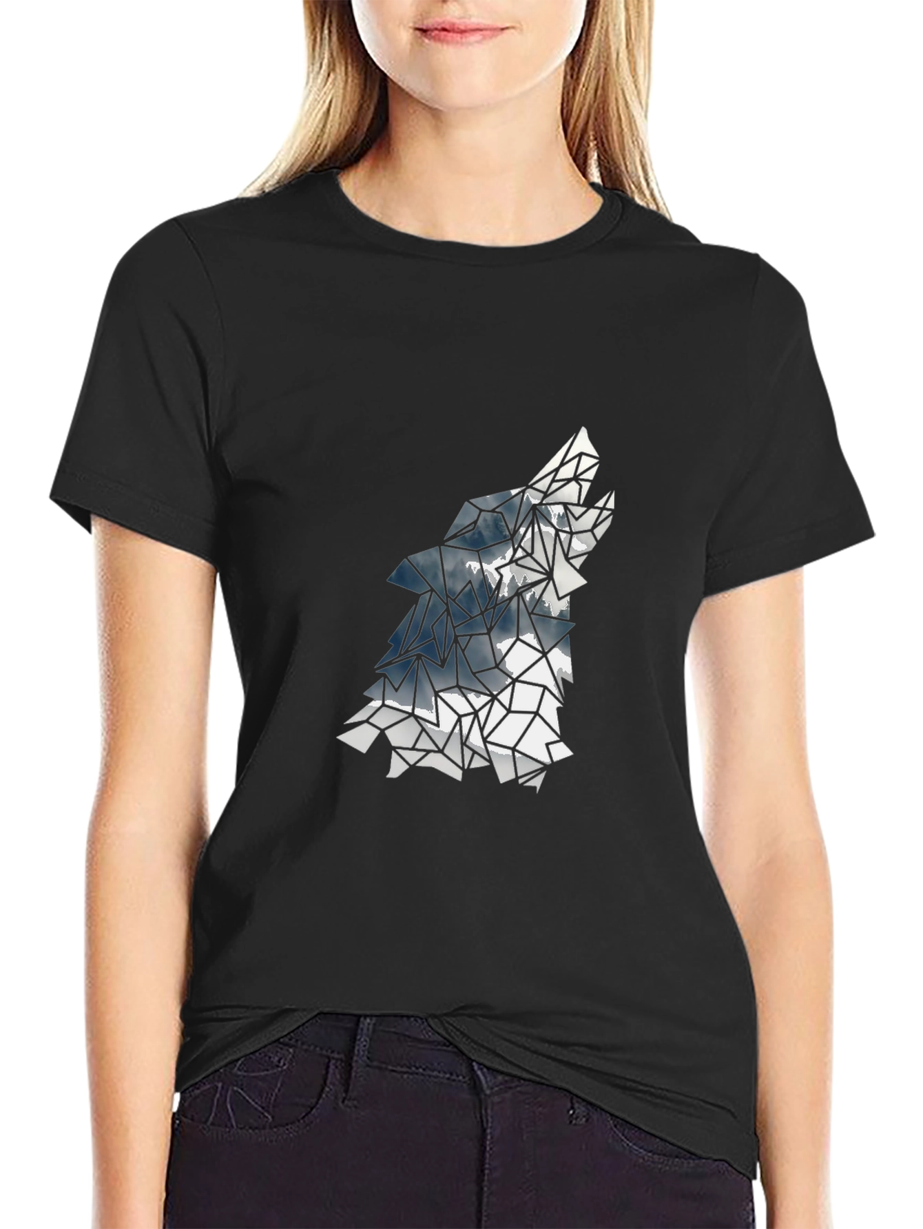 Geometric Wolf Graphic Tee - Black
