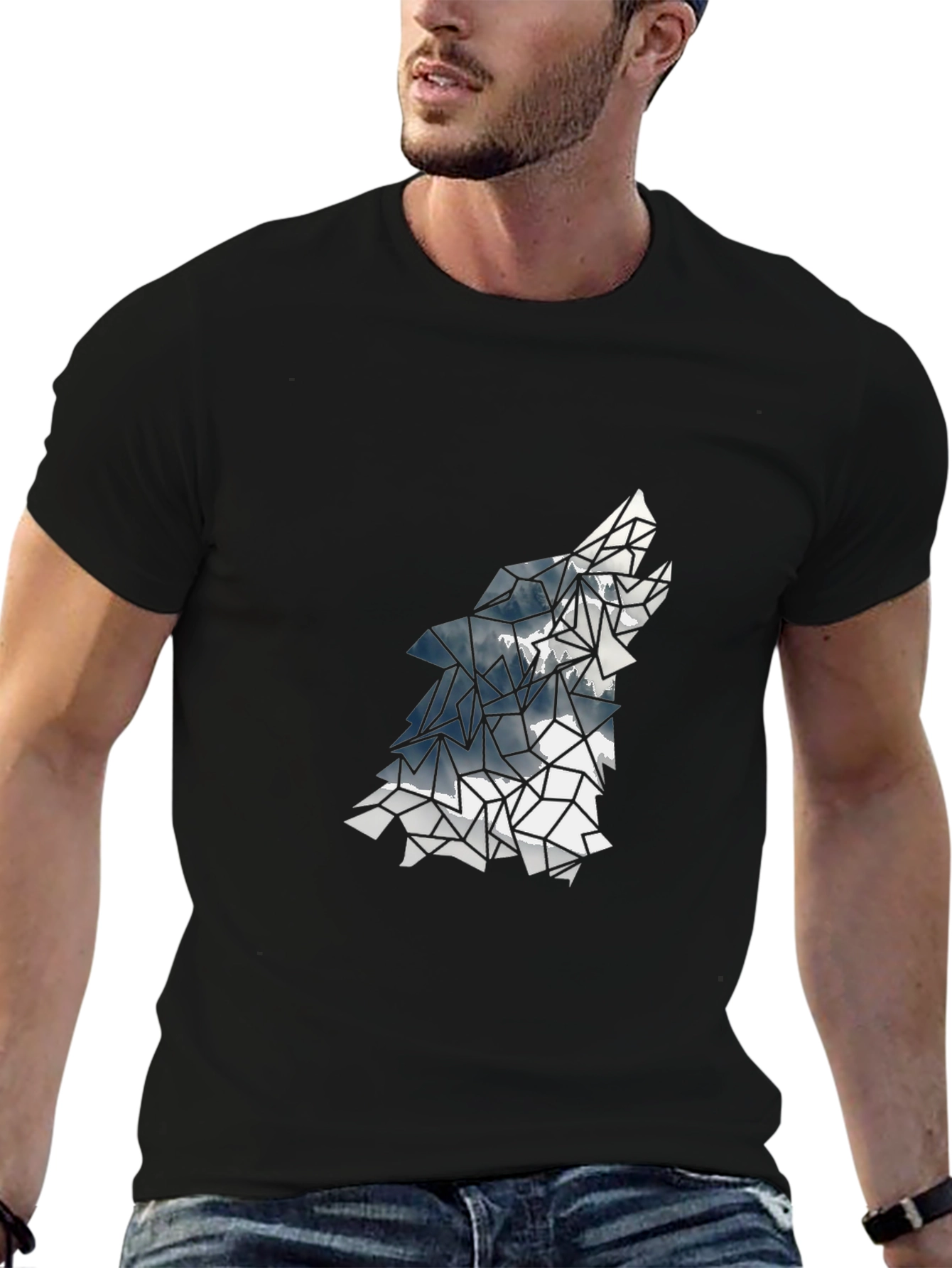 Geometric Wolf Graphic Tee - Black