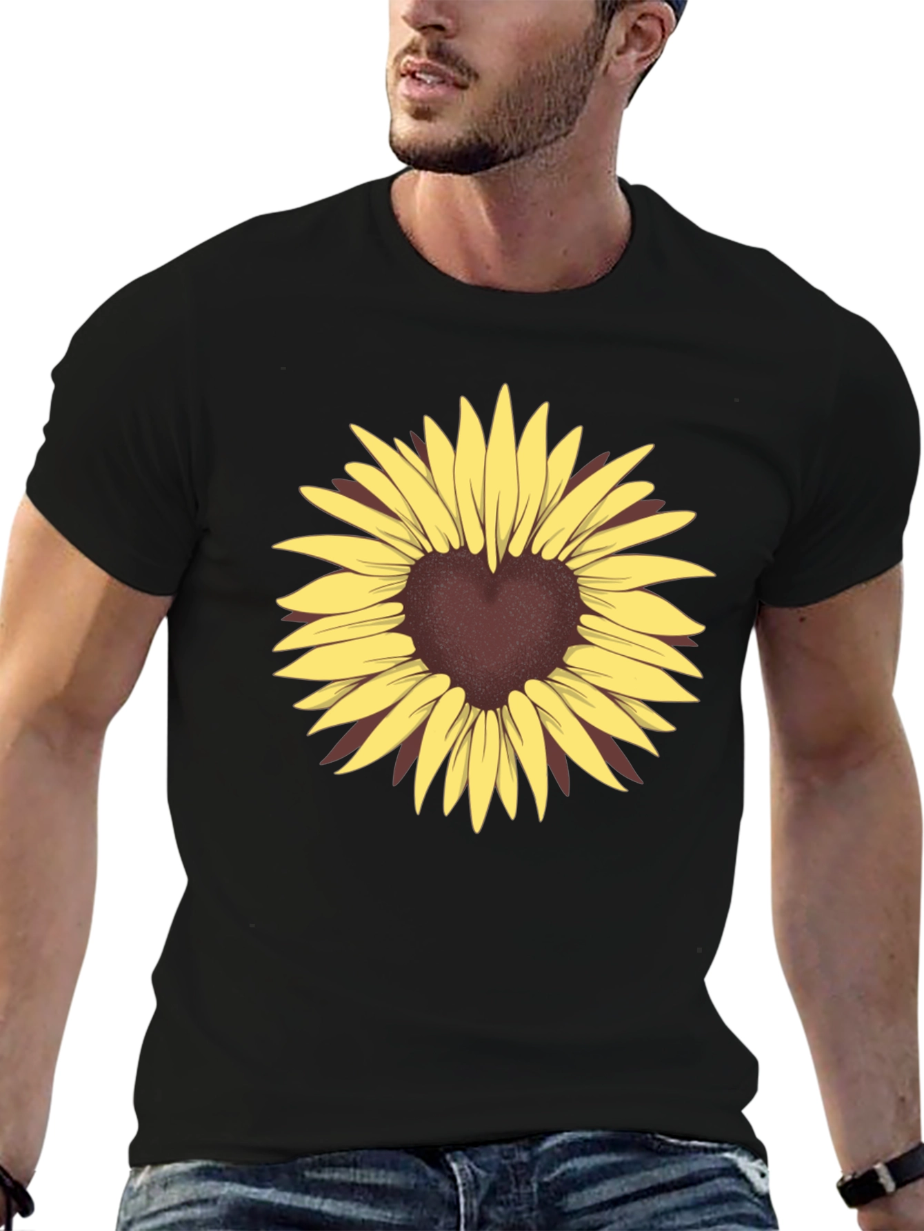 Heart Sunflower Graphic Tee - Black Casual T-Shirt