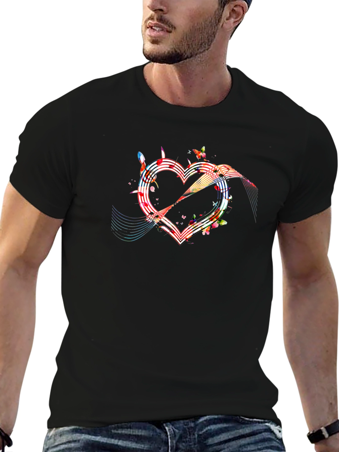 Heart Music Note Graphic Tee - Mens Black T-Shirt