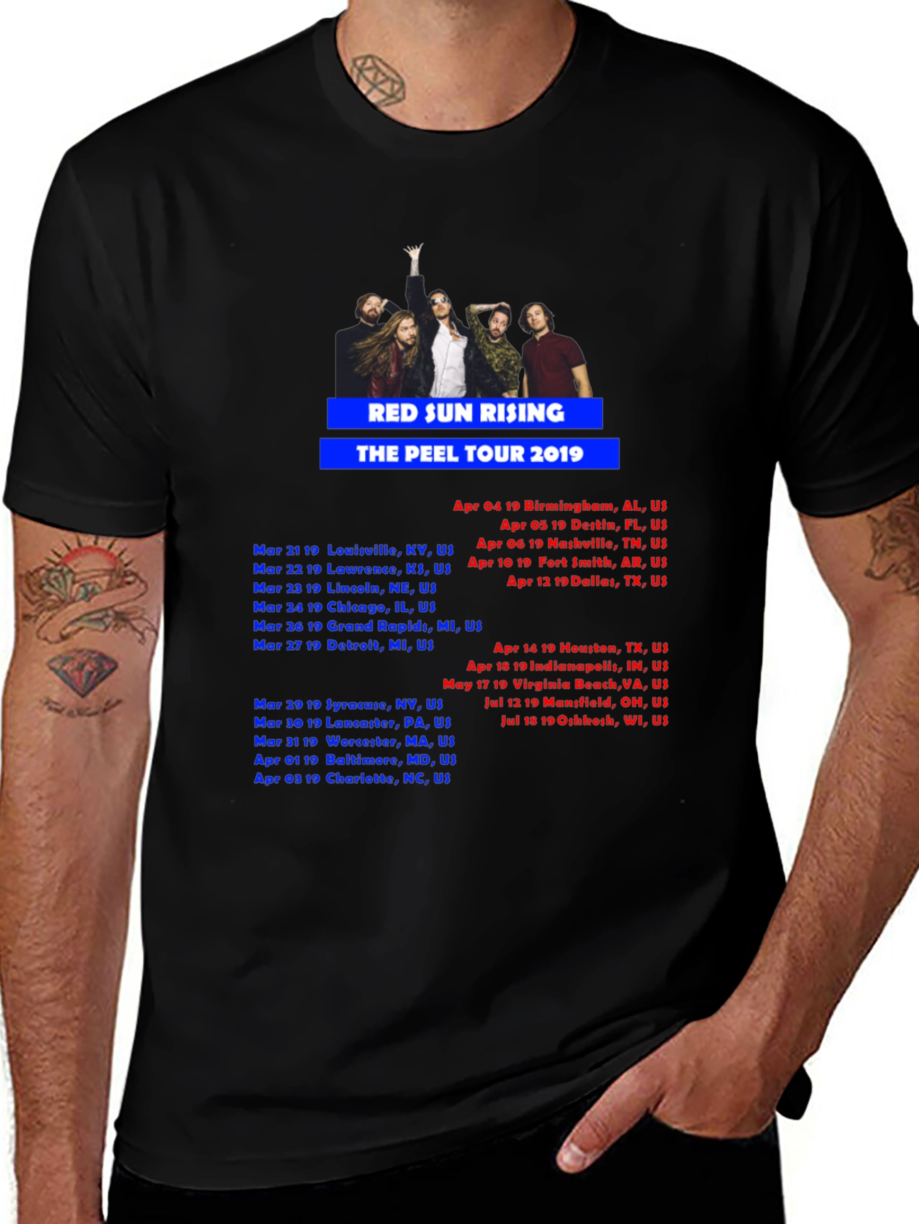 Red Sun Rising Peel Tour 2019 Black T-Shirt