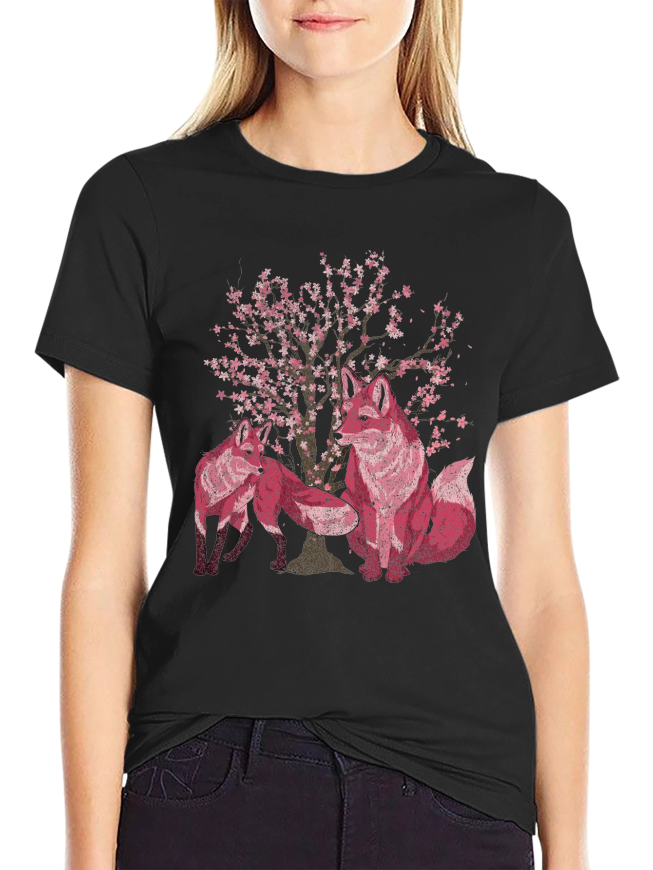 Fox & Cherry Blossom Print Black T-Shirt