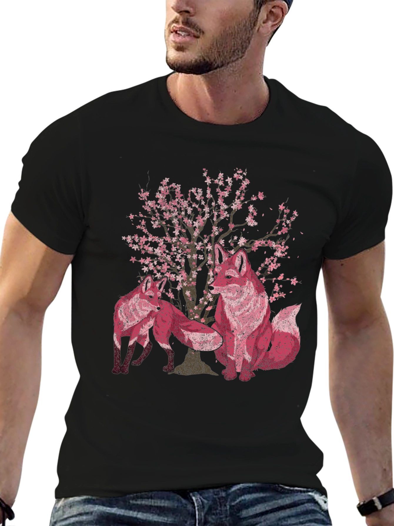 Fox & Cherry Blossom Print Black T-Shirt
