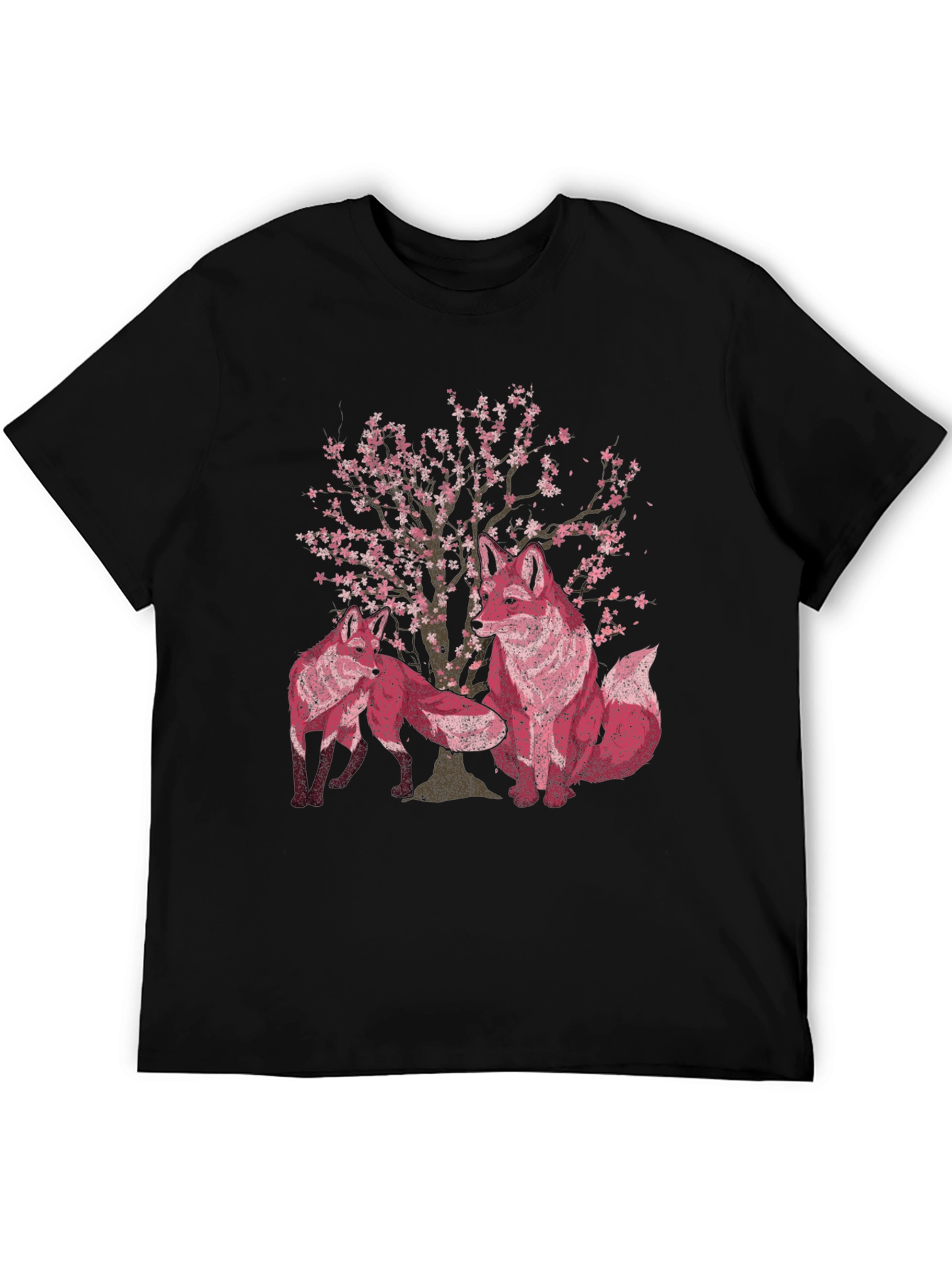 Fox & Cherry Blossom Print Black T-Shirt
