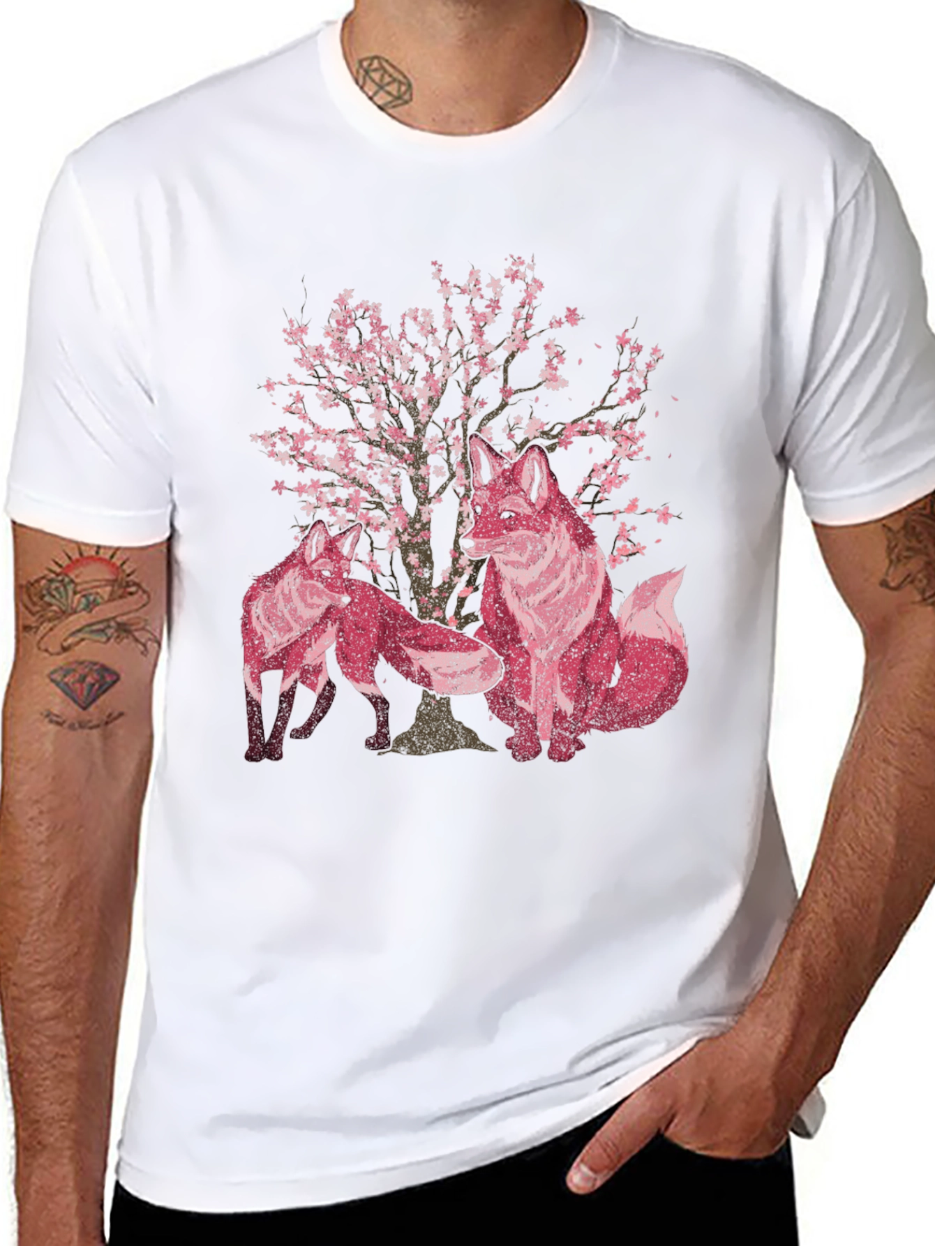 Fox & Cherry Blossom Print Black T-Shirt
