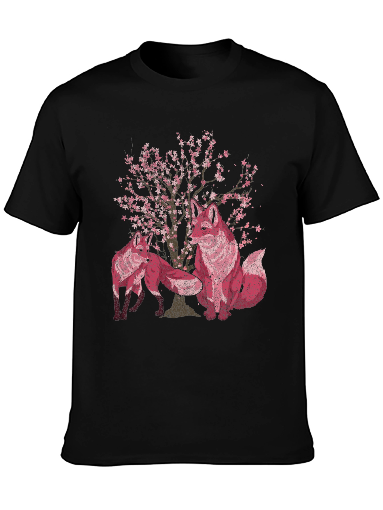 Fox & Cherry Blossom Print Black T-Shirt