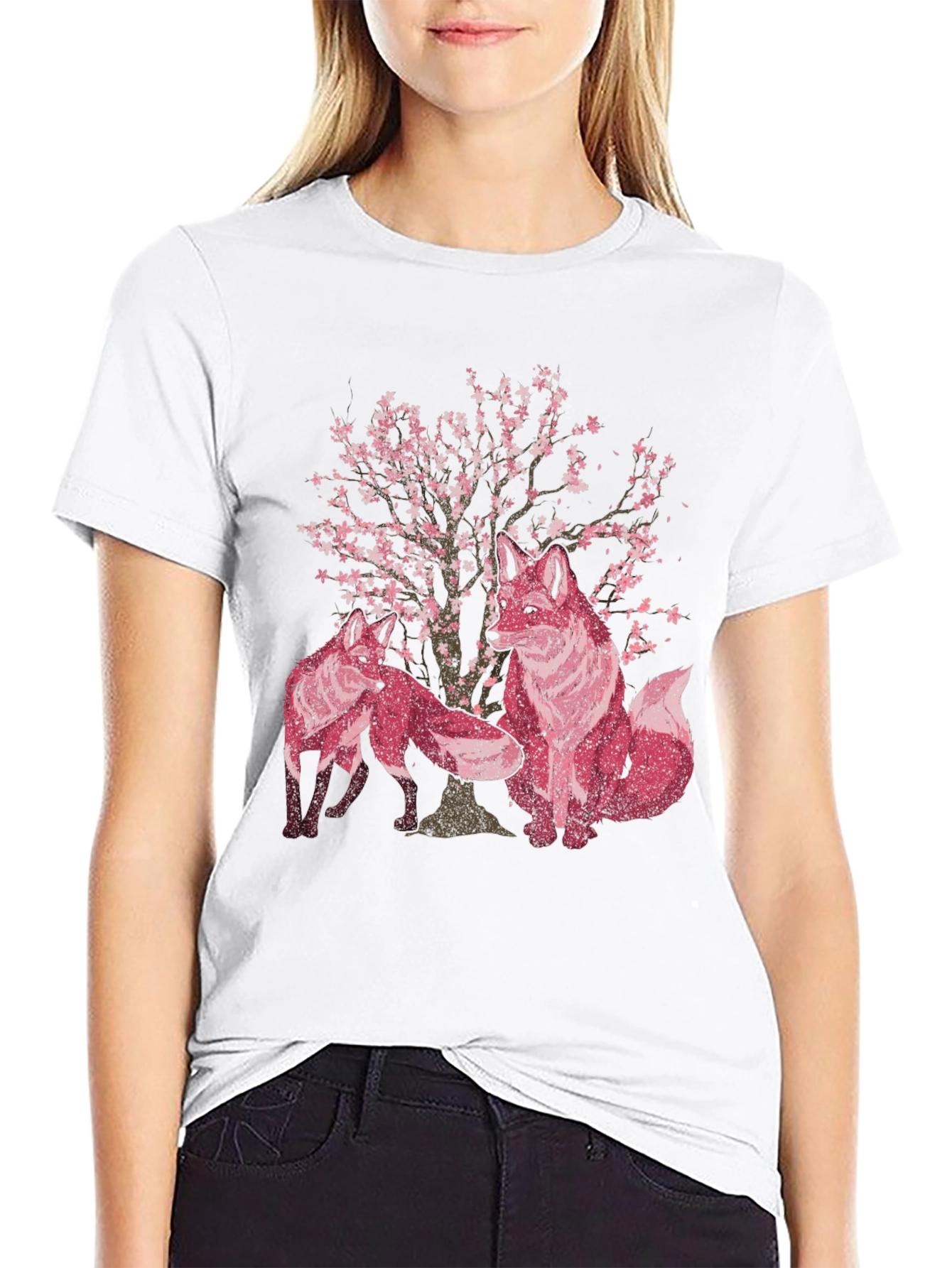Fox & Cherry Blossom Print Black T-Shirt