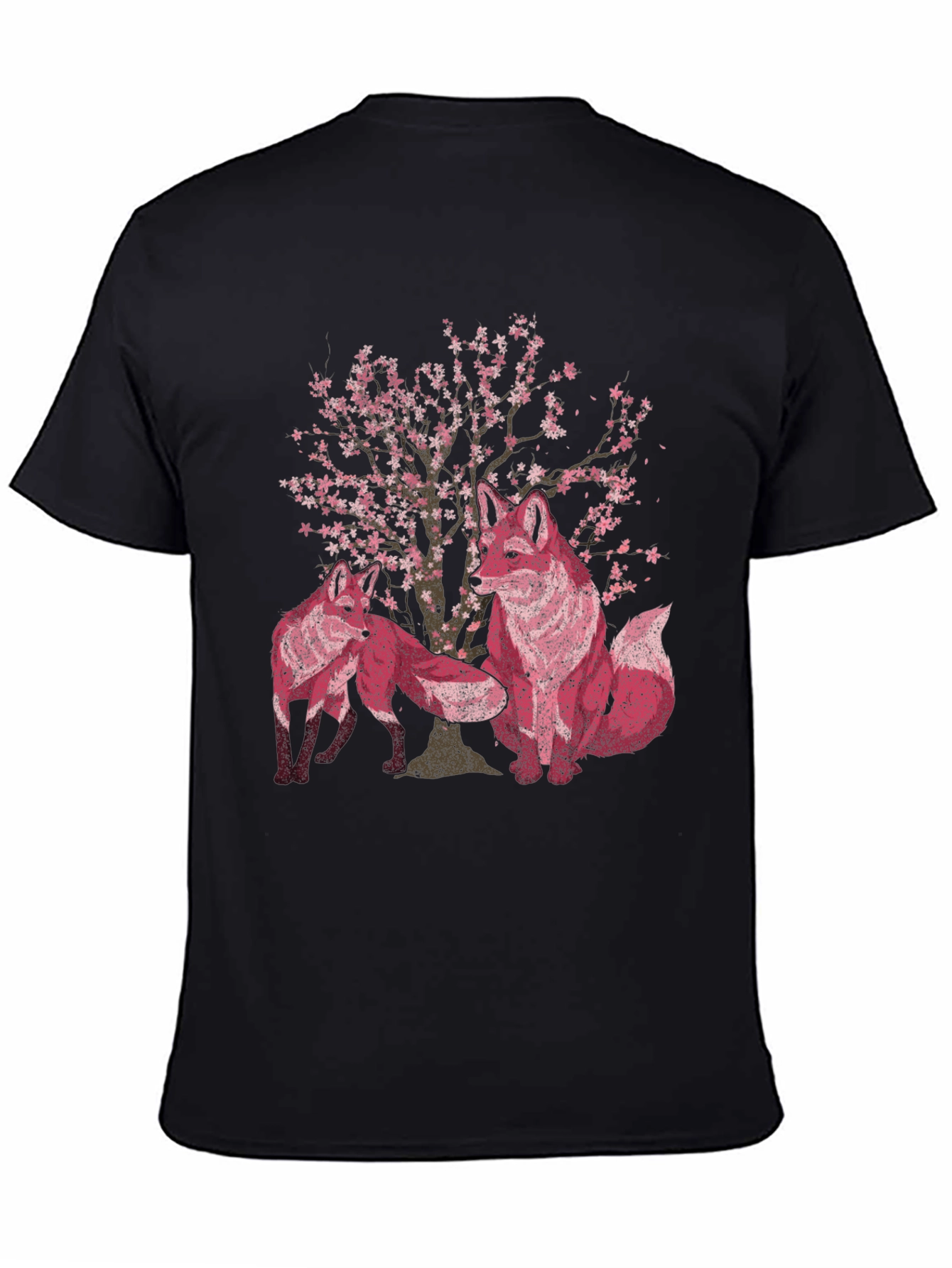 Fox & Cherry Blossom Print Black T-Shirt